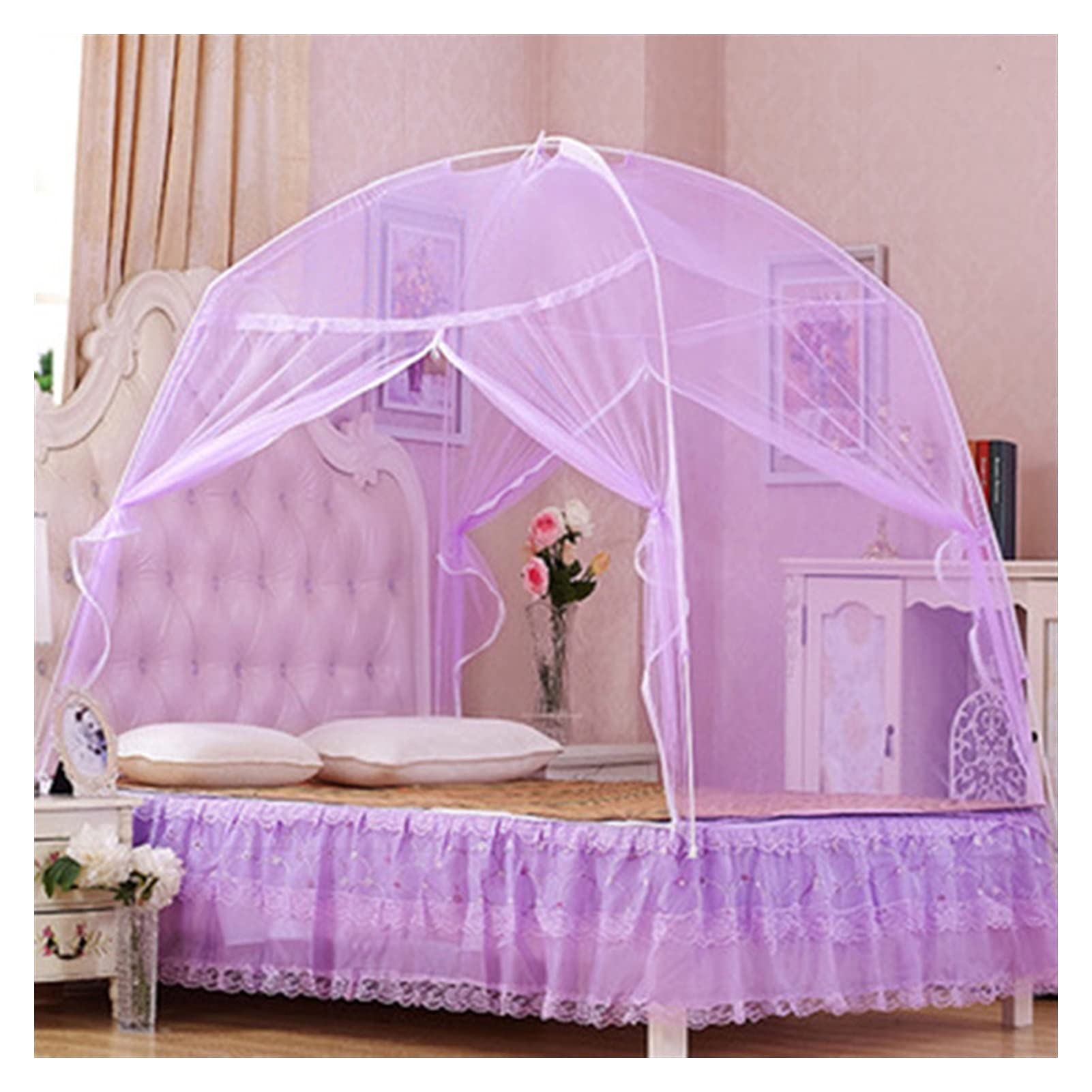 Purple Bed Canopy Curtain - 150cm x 200cm Folding Mesh Dome Tent for Bedroom, Yurt Style Bi-Parting Bed Drapes - Perfect for Boho Decor, Princess Bedrooms & Cozy Reading Nooks