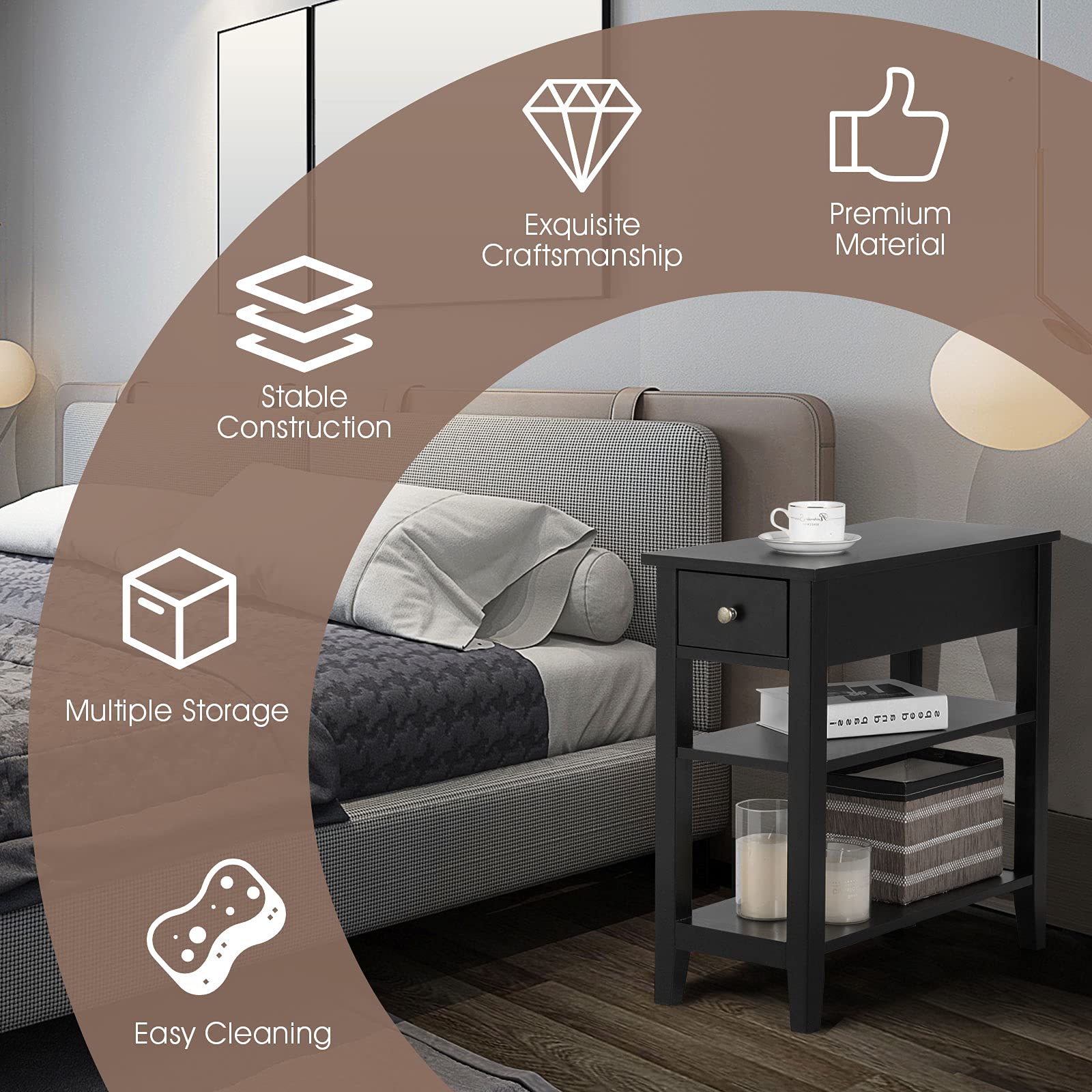 KOTEK 3-Tier Narrow End Table with Drawer & Open Shelf - Slim Nightstand for Bedroom, Living Room & Office - Modern Side Table with Storage (Black) - Perfect for Small Spaces, Apartments & Dorm Rooms