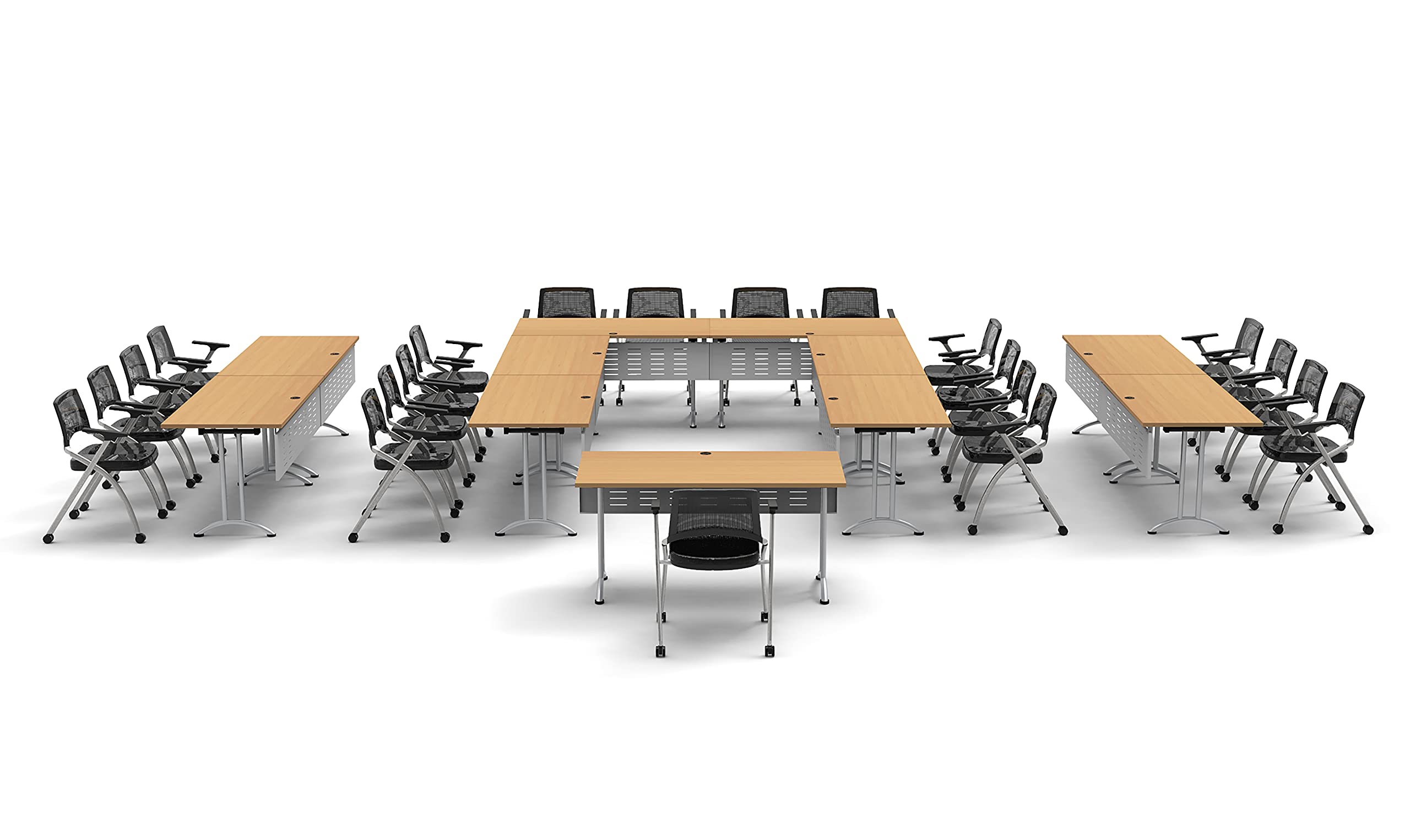 21-Person Conference Folding Table Set with Task Chairs & Modesty Panels - 43pc Beech Color Classroom Furniture for Training, Meetings & Seminars - Connectable Tables, Foldable & Nestable for Space Saving - Perfect for Office Training Rooms, School Classrooms & Event Spaces