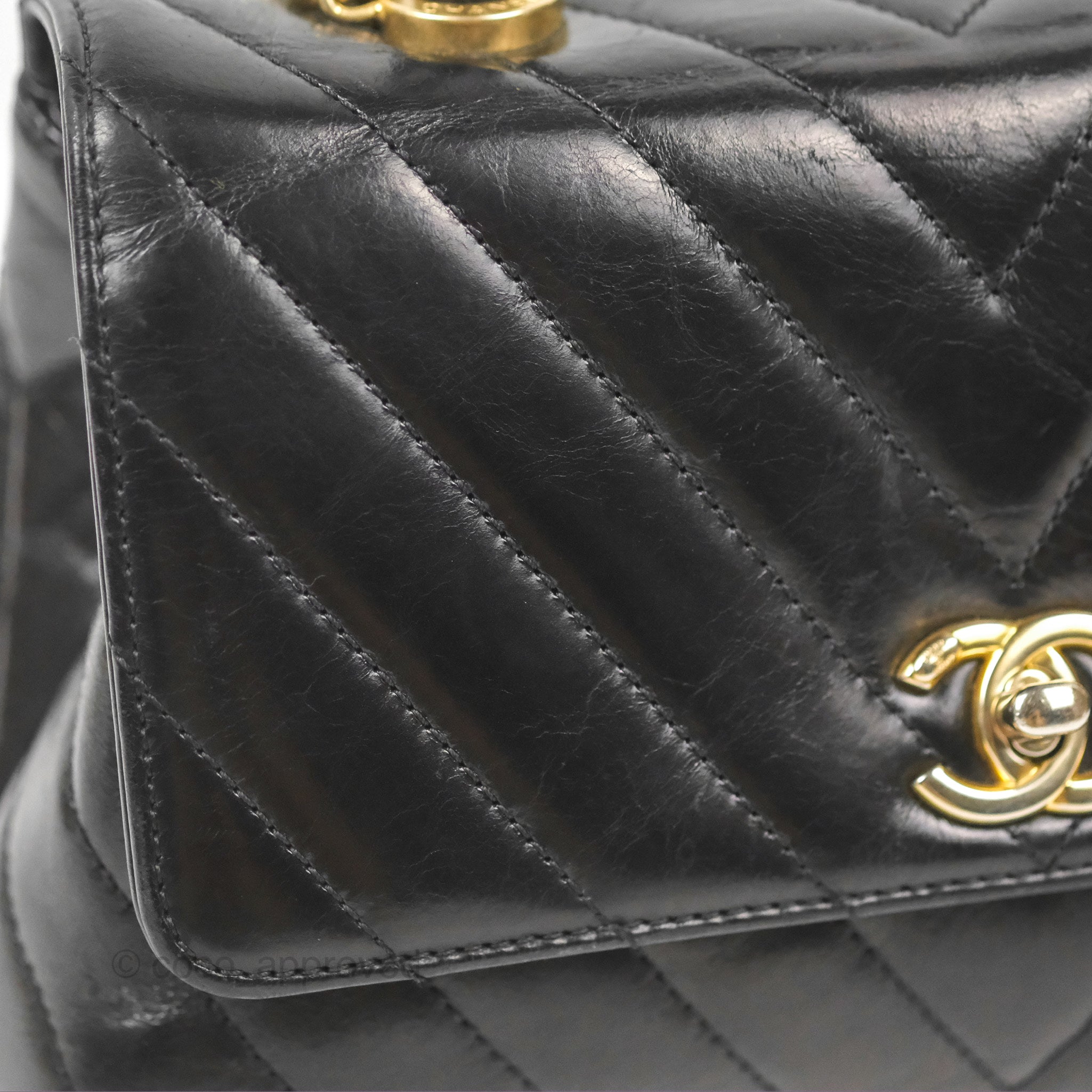 Chanel Chevron Small Coco Handle Bag - Black Shiny Aged Calfskin with Aged Gold Hardware | Luxury Crossbody Purse for Women, Perfect for Evening Parties & Date Nights