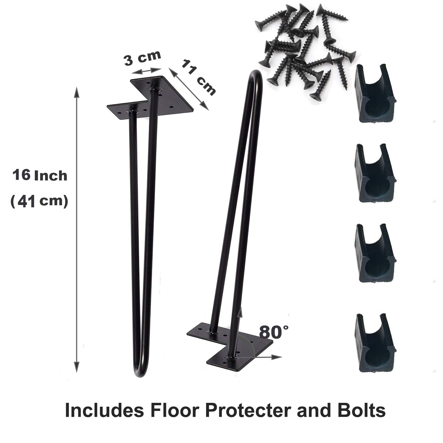 MSOBAIW 16 Inch Hairpin Legs Set of 4 - Black Metal Table Legs for DIY Furniture, Dining Tables & Desks - 3/8