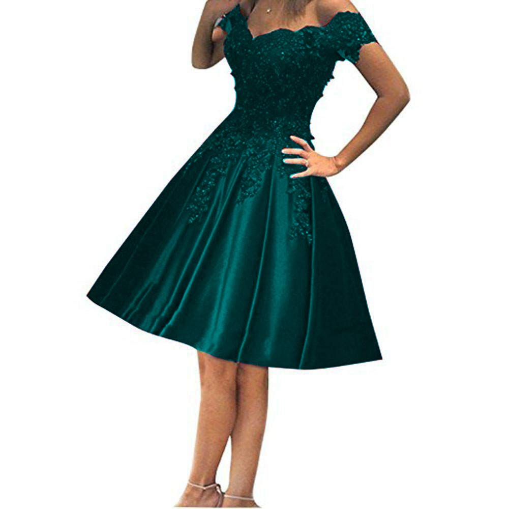 Emanni Women's Off The Shoulder Short Prom Dress - Lace Appliqued Homecoming Party Dress with Pockets in Blackish Green | Perfect for Prom, Homecoming, Cocktail Parties & Special Occasions