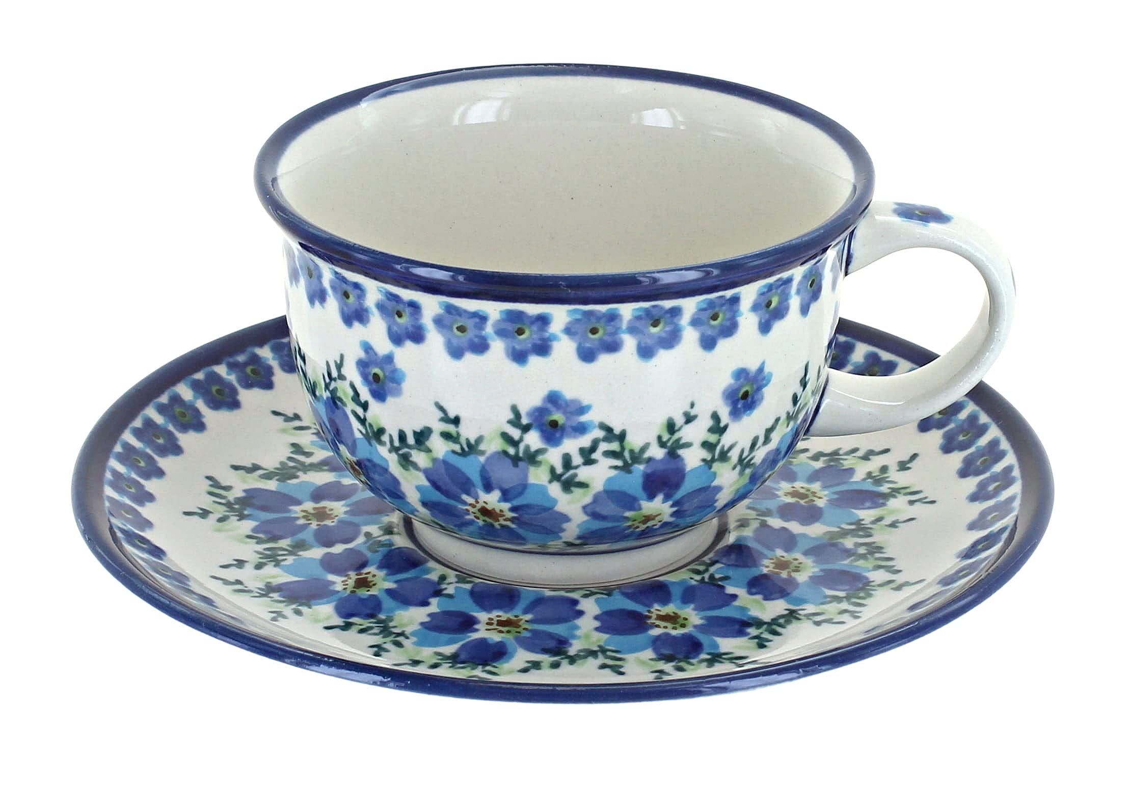 Handmade Blue Rose Polish Pottery Kalina Cup & Saucer Set - Traditional Folk Art Tea Cup for Afternoon Tea, Gift & Home Decor