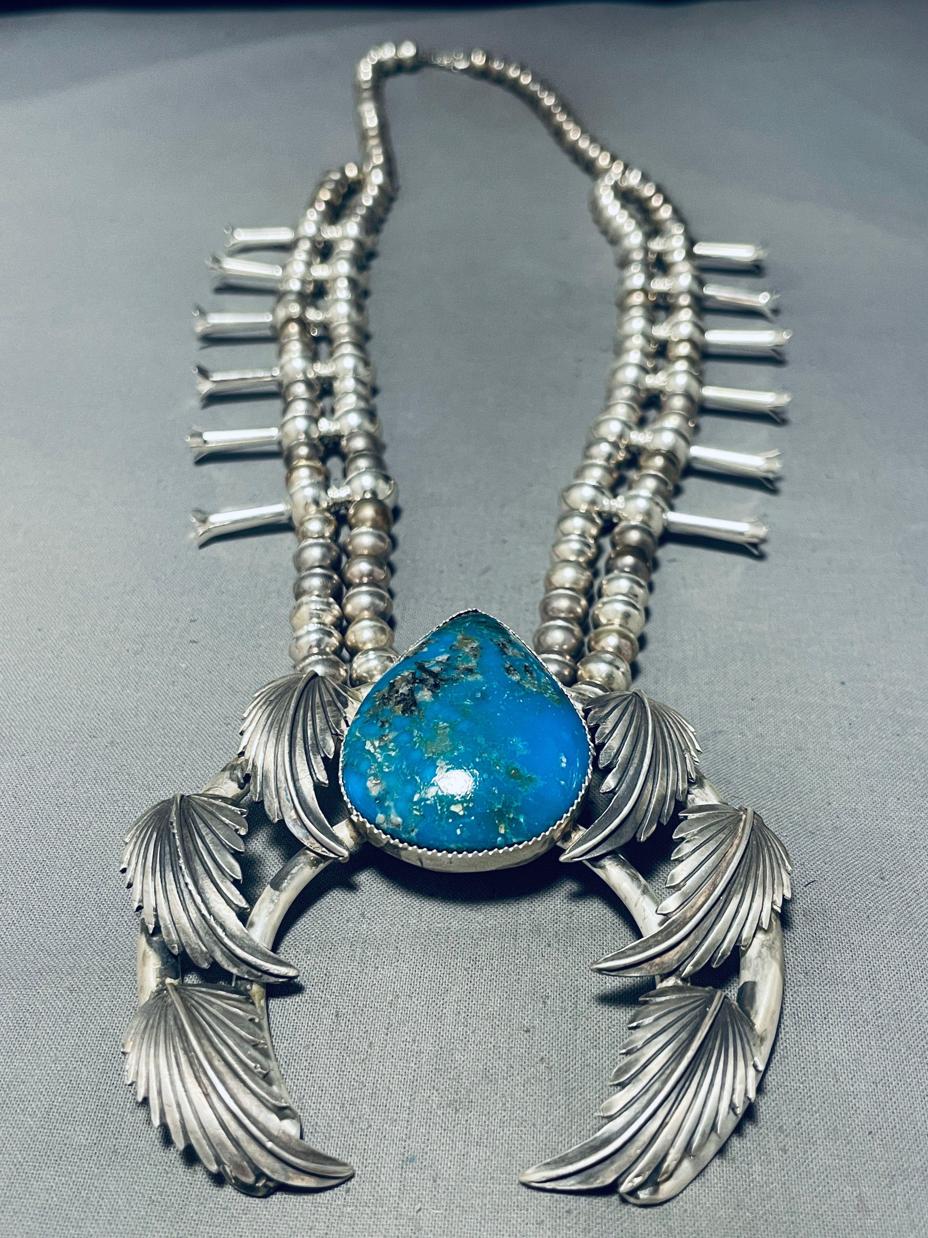 Authentic Navajo Sterling Silver Squash Blossom Necklace with Turquoise - 162g Heavy Handmade Jewelry for Women, Perfect for Boho Fashion & Special Occasions