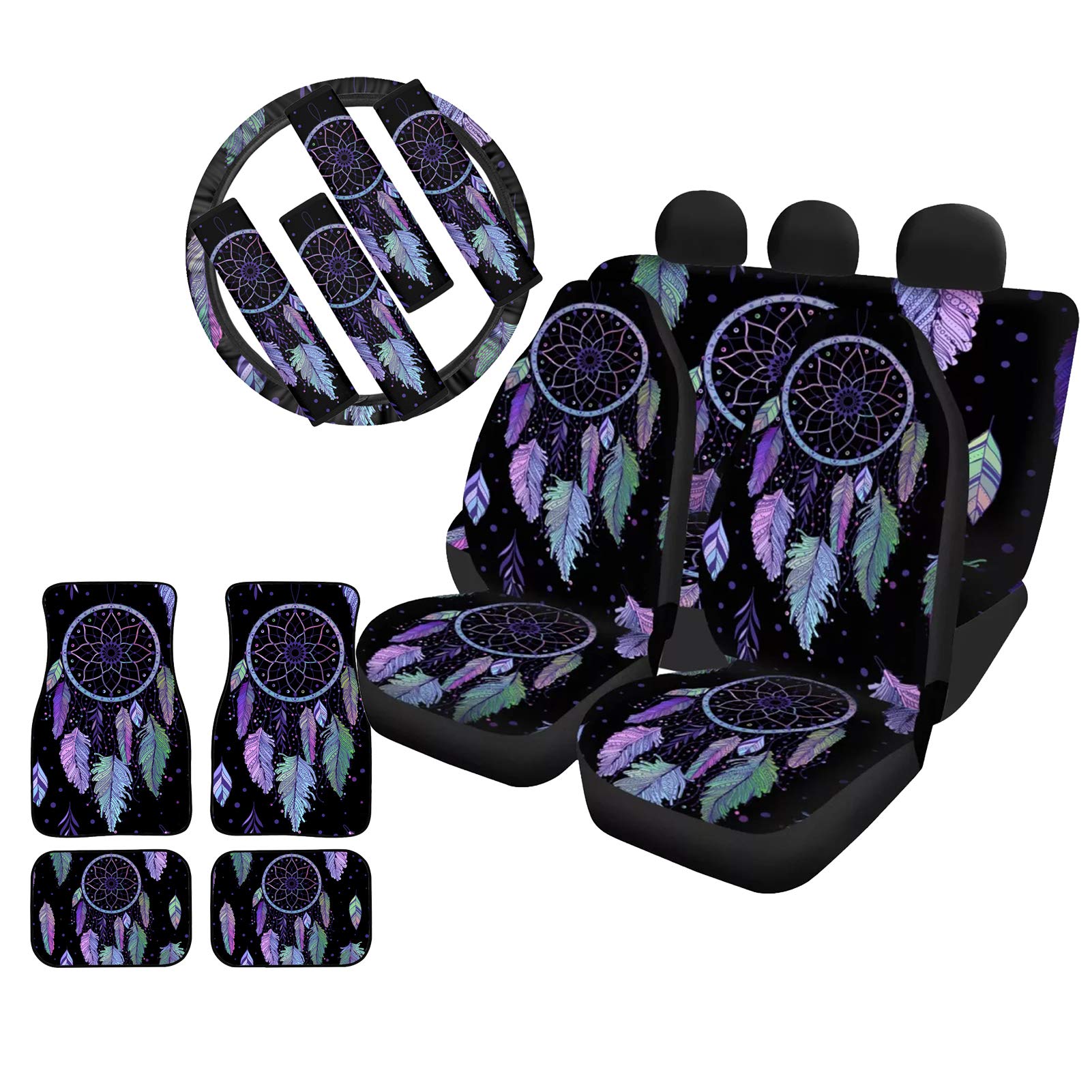 WELLFLYHOM Dream Catcher Car Seat Covers Full Set for Women - Front & Back Seat Protectors with Floor Mats, Heat Resistant Steering Wheel Cover & Seat Belt Pads | Galaxy Feather Design | Perfect for Daily Commute, Road Trips & Car Interior Protection