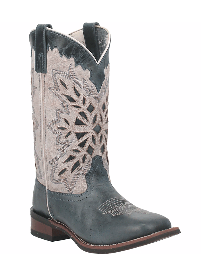 Laredo 5880 Women's Dolly Square Toe Leather Boots in Blue & White - Stylish Western Cowgirl Boots for Country Dancing, Rodeo & Everyday Wear