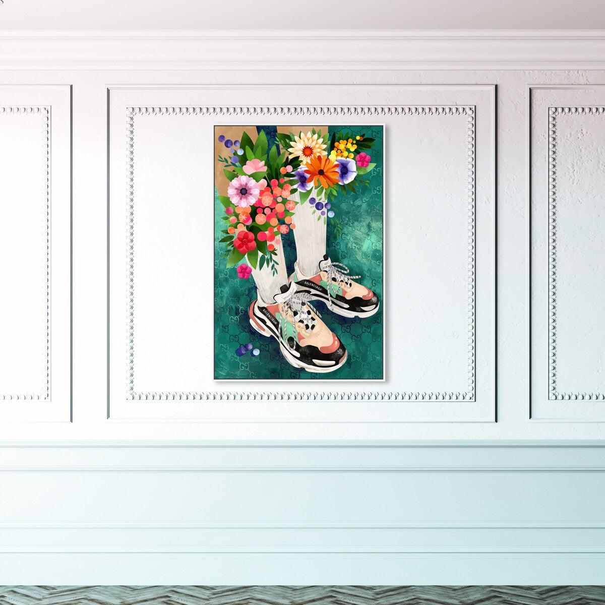 Stylish Floral Sneakers & Socks Set with Modern Green Framed Canvas Wall Art - Perfect for Bedroom Decor and Fashion Outfits | Home & Fashion Combo