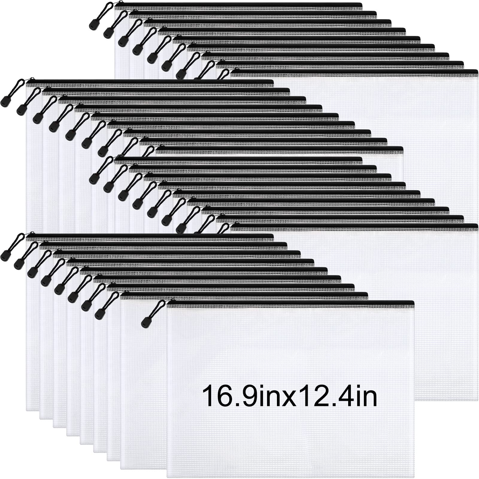 36 Pack A3 Size Mesh Zipper Pouch - 16.9 x 12.4 Inch Clear Plastic Storage Bags for Classroom Organization, School Supplies, Board Games & Office Documents | Durable File Pockets for Teachers, Students & Home Organization (Black)