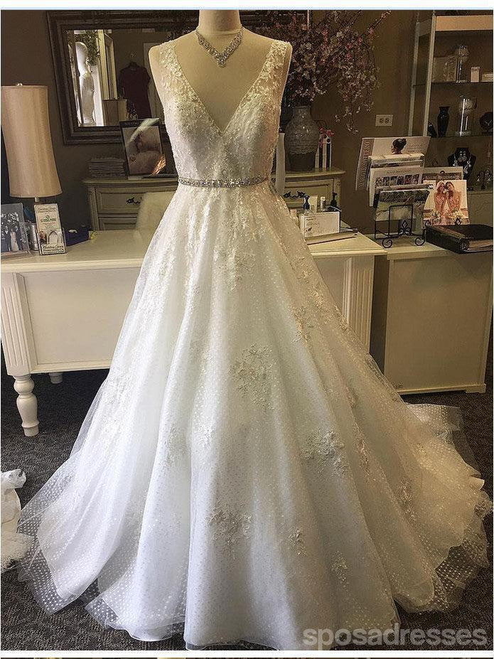 Elegant Lace Beaded V-Neck A-Line Wedding Dress - Romantic Bridal Gown with Intricate Beading (WD457) | Perfect for Beach Weddings, Church Ceremonies & Formal Receptions