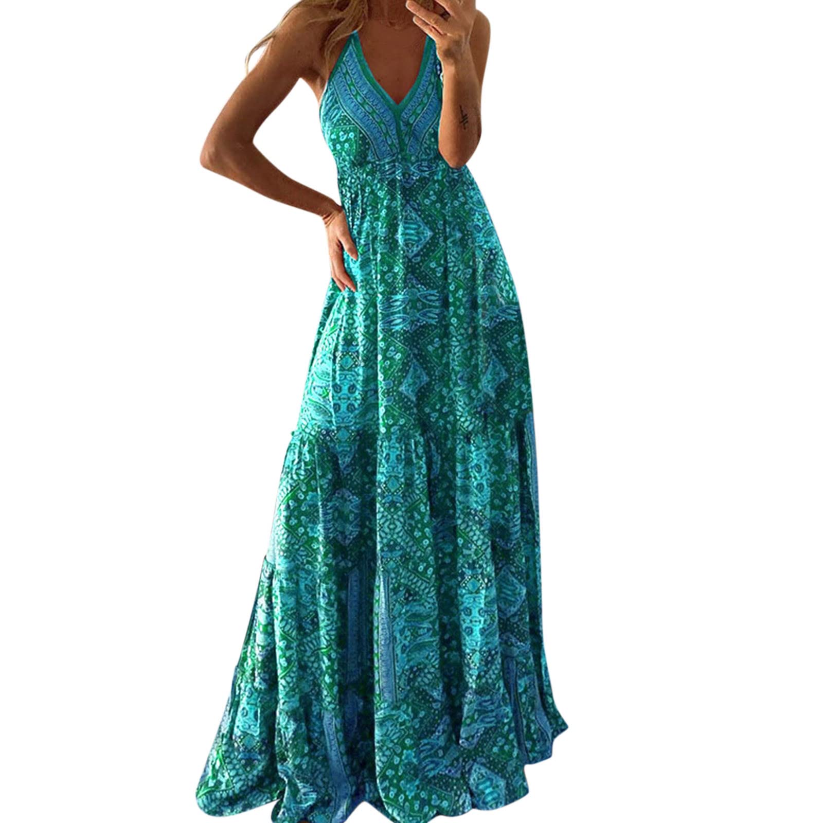 Women's Floral V-Neck Sleeveless Bohemian Beach Dress with Elastic Waist - Sexy Long Summer Dress for Casual Outings, Vacations & Beach Parties