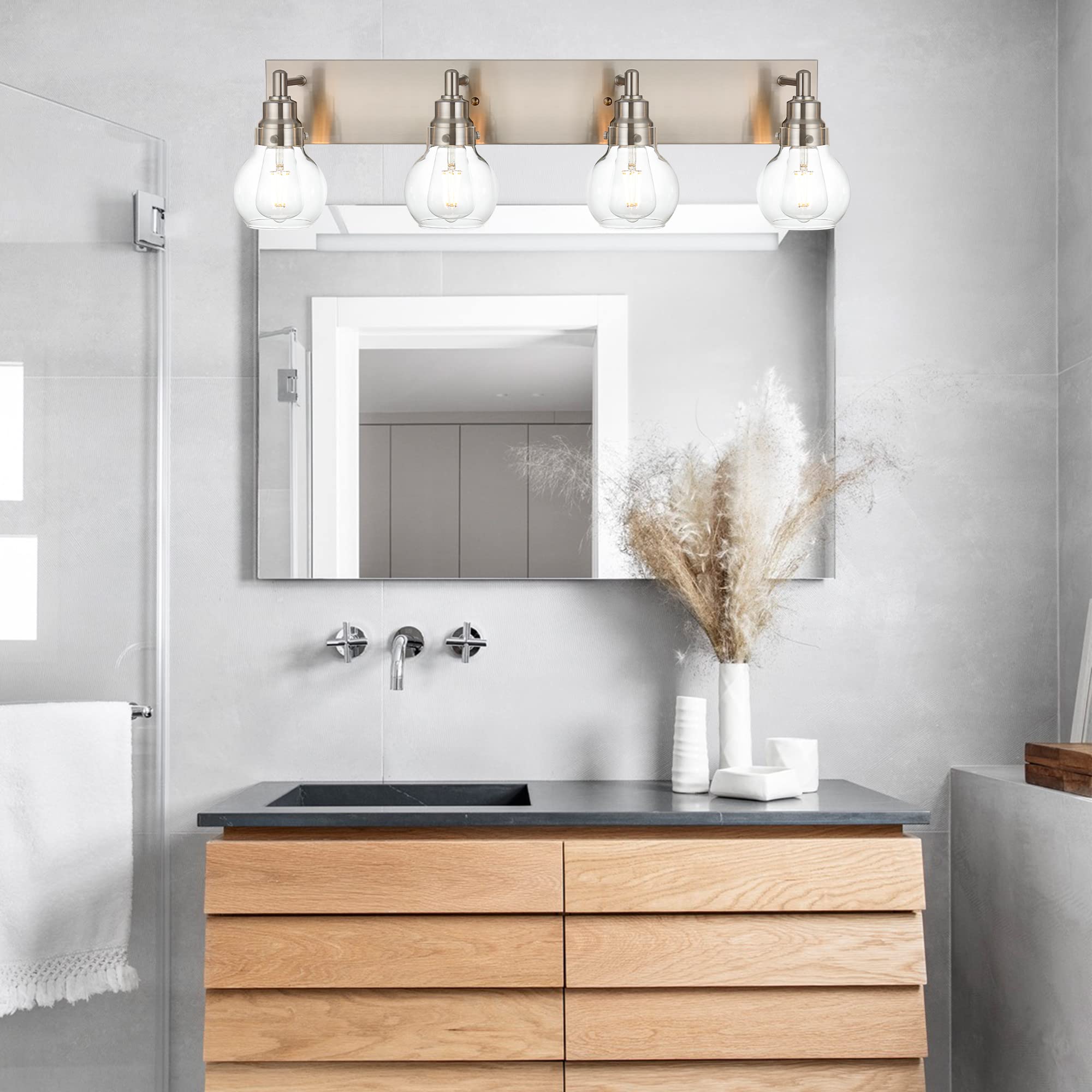4-Light Modern Bathroom Vanity Light Fixture in Brushed Nickel - Clear Globe Glass Wall Sconce for Bathroom, Powder Room & Foyer Lighting - Perfect for Makeup Vanity, Dressing Area and Hallway Illumination