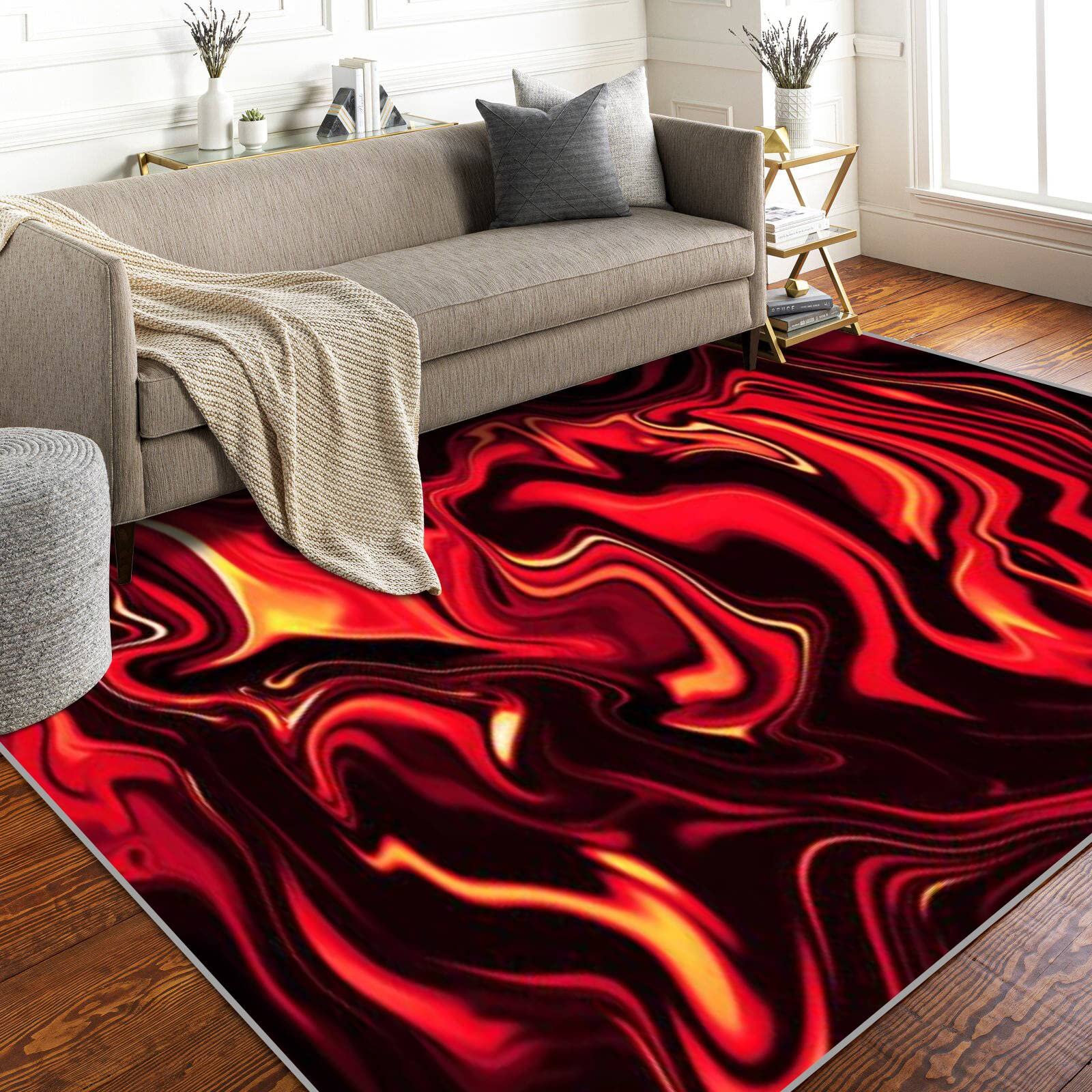 Abstract Flame Design Large Area Rug - Non-Slip Indoor/Outdoor Runner with Red Yellow Black Marble Pattern - Perfect for Living Room, Bedroom, Patio, Yoga & Kids Play Area