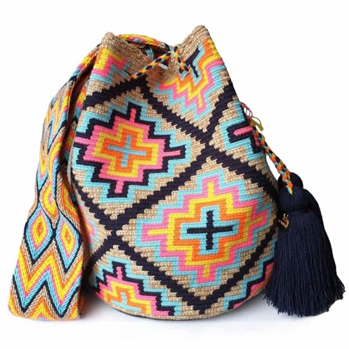 **Fairtrade Handmade Wayuu Crossbody Bag - Authentic Colombian Mochila, Large Crochet Purse for Women, Boho Chic Accessory (Bahamas) | Perfect for Beach, Travel & Everyday Use**