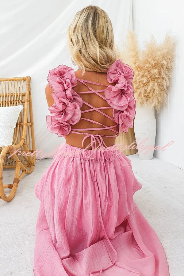 Elegant Floral Ruffle Maxi Dress with Back Lace-Up & Elastic Waist - Perfect for Summer Weddings, Beach Vacations and Date Nights
