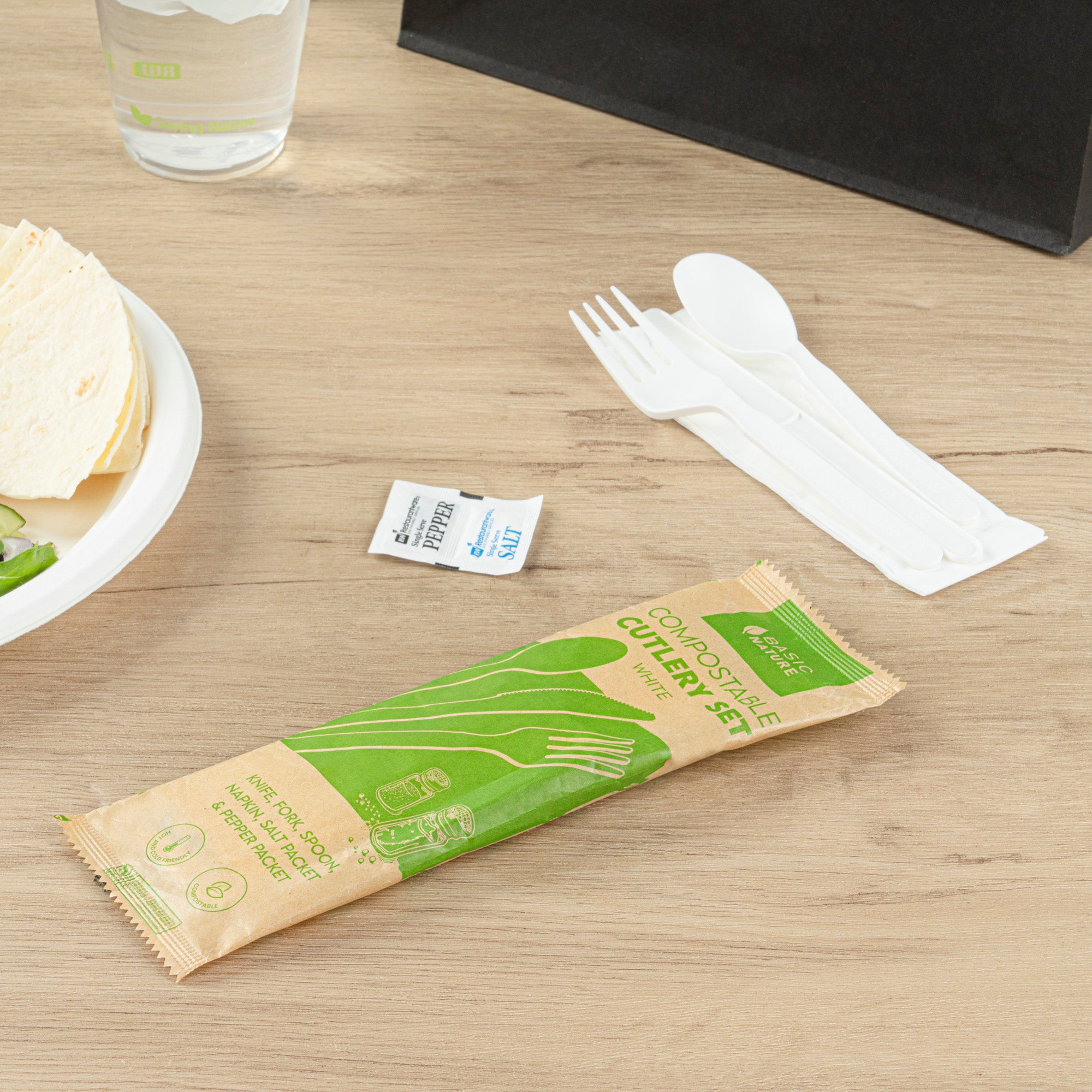 Eco-Friendly Compostable White PLA Plastic Cutlery Set with Napkins & Salt/Pepper Packets - 500 Count Box (6.25
