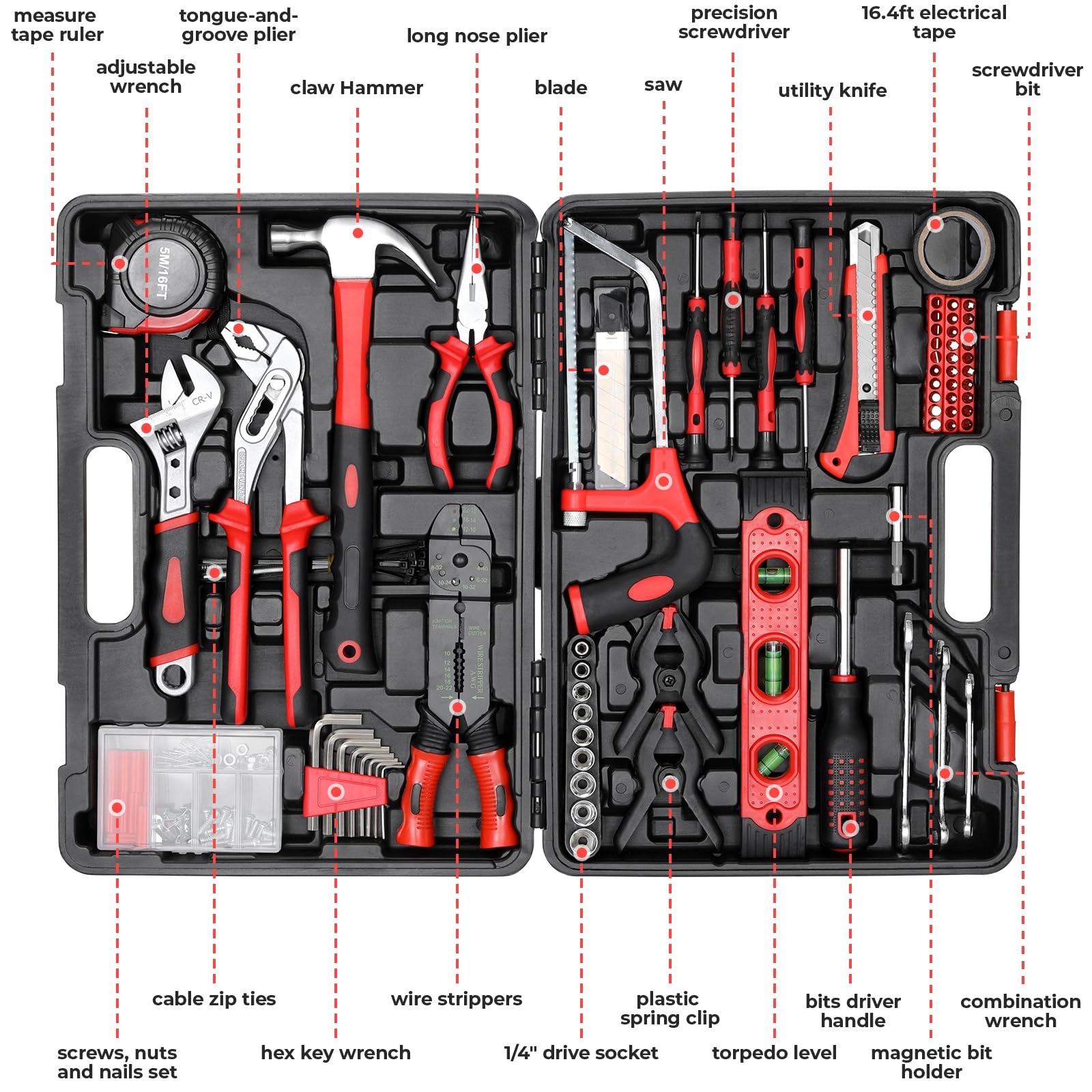 TLGREEN 218-Piece Professional Tool Kit with Adjustable Wrench, Drive Socket & Saw - Complete Mechanics Tool Set in Portable Plastic Toolbox (Red) - Perfect for Home, Apartment & Garage Repairs