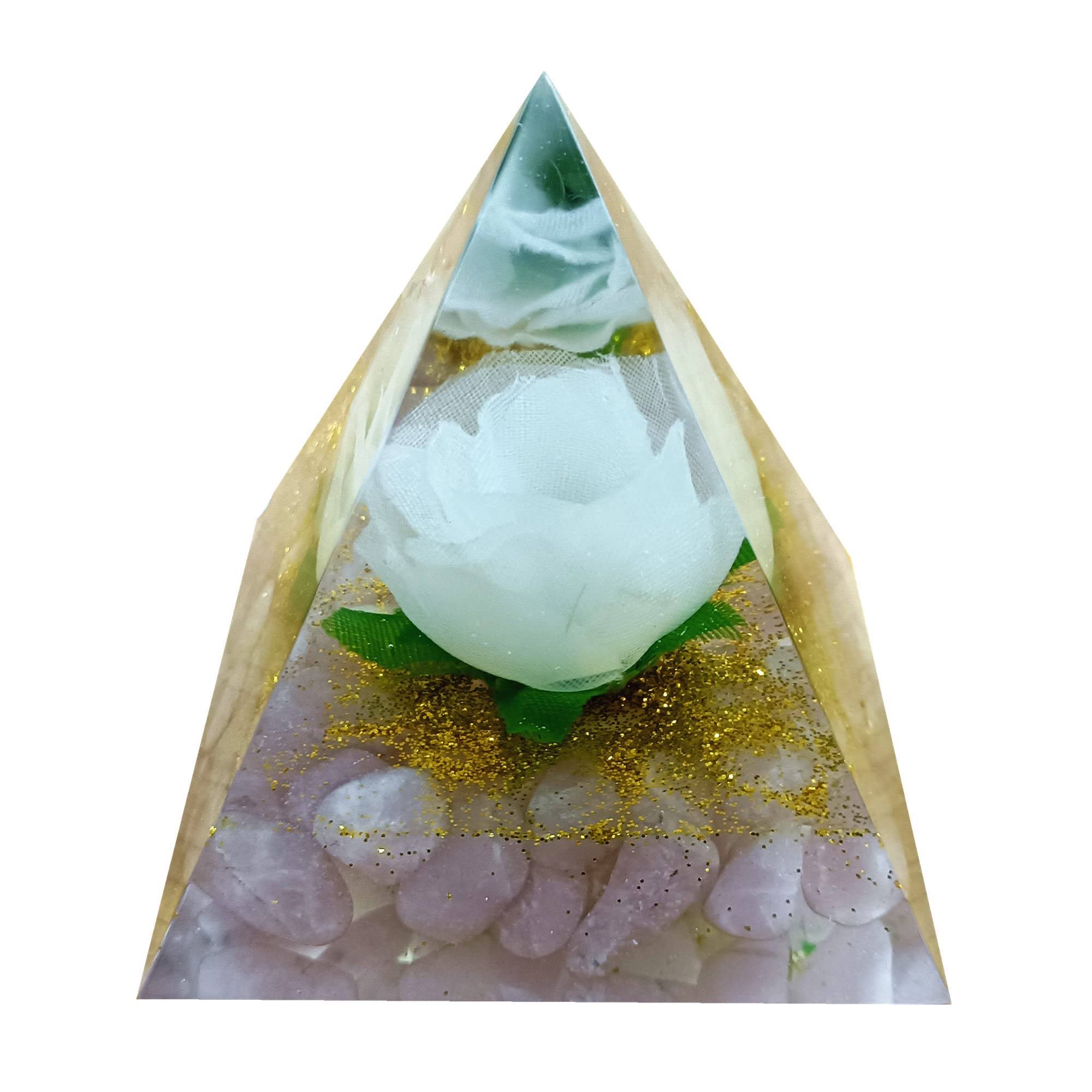Handmade Orgonite Pyramid with Rose Quartz & White Artificial Flower - Positive Energy Crystal Healing Stone for Chakra Reiki Meditation | Spiritual Decor, Office Desk Feng Shui, Yoga Room & Gift Idea