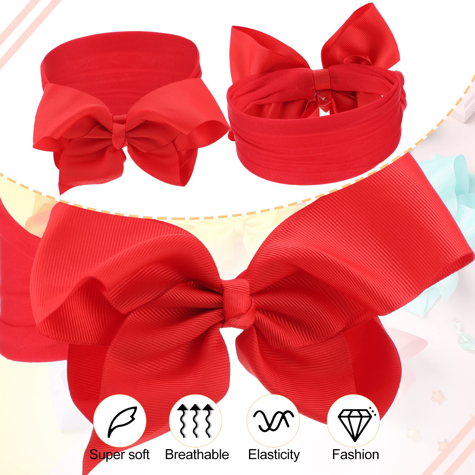Hoteam 50 Pcs Baby Girls Large Bows Headbands - 6.3 Inch Soft Wide Turban Headbands with Elastic Nylon - Hair Accessories for Newborns, Infants, Toddlers & Kids - Perfect for Birthday Parties, Photo Shoots & Daily Outfits