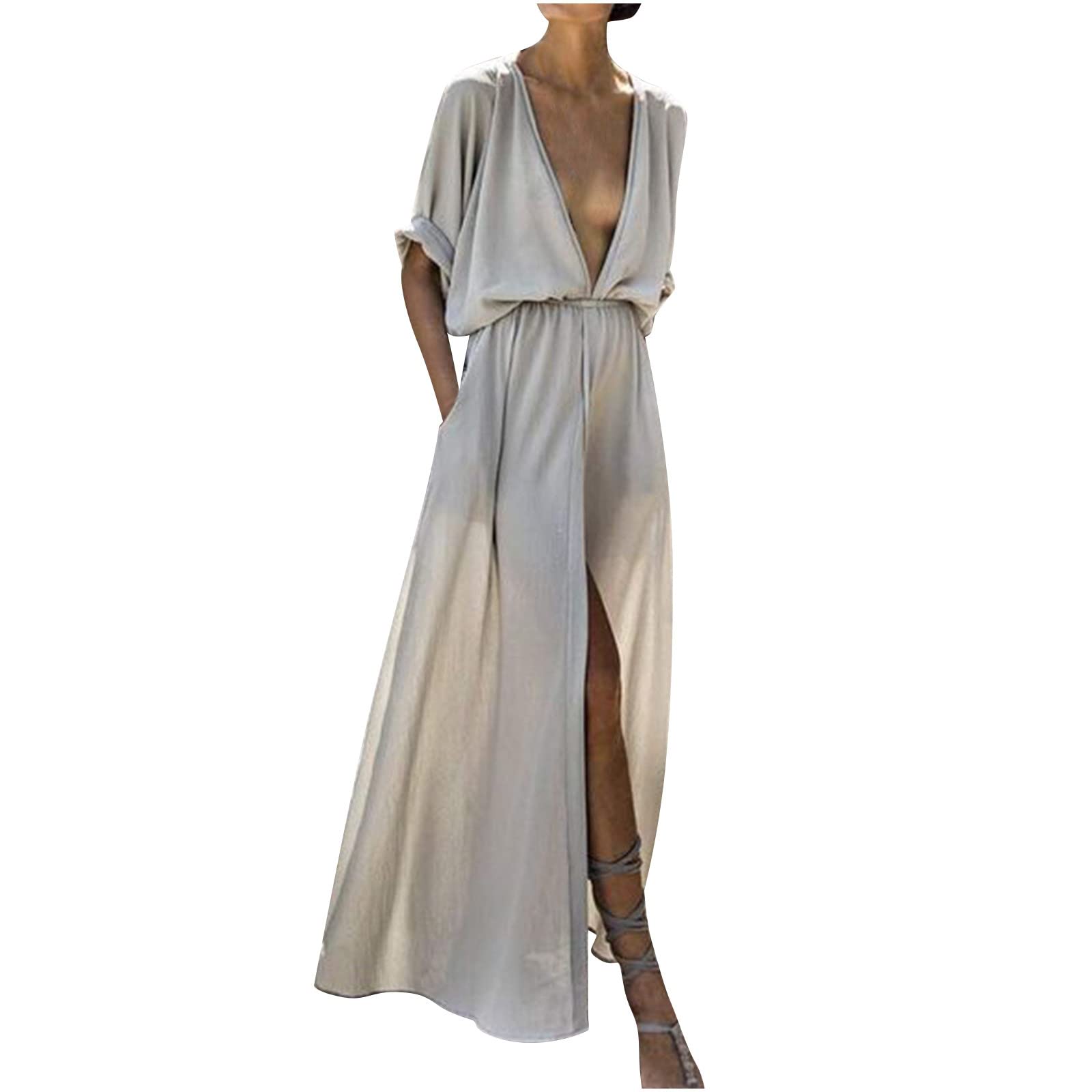 BmkBWO Women's Sexy Long Sleeve Maxi Dress with Deep V Neck & High Slit - Flowy Evening Gown for Wedding Guest, Summer Party, Cocktail Dress, Date Night & Special Occasions