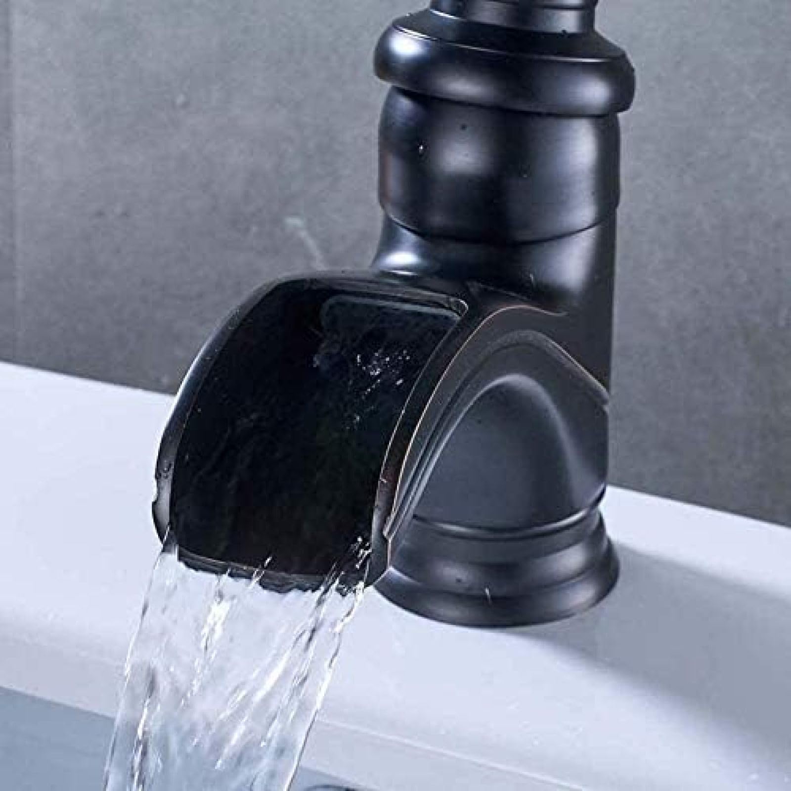 CRJUS Black Single Handle Deck Mounted Kitchen Faucet - Brass Waterfall Sink Mixer Tap for Bathroom & Toilet | Modern One Hole Installation, Durable for Daily Use in Home & Commercial Kitchens