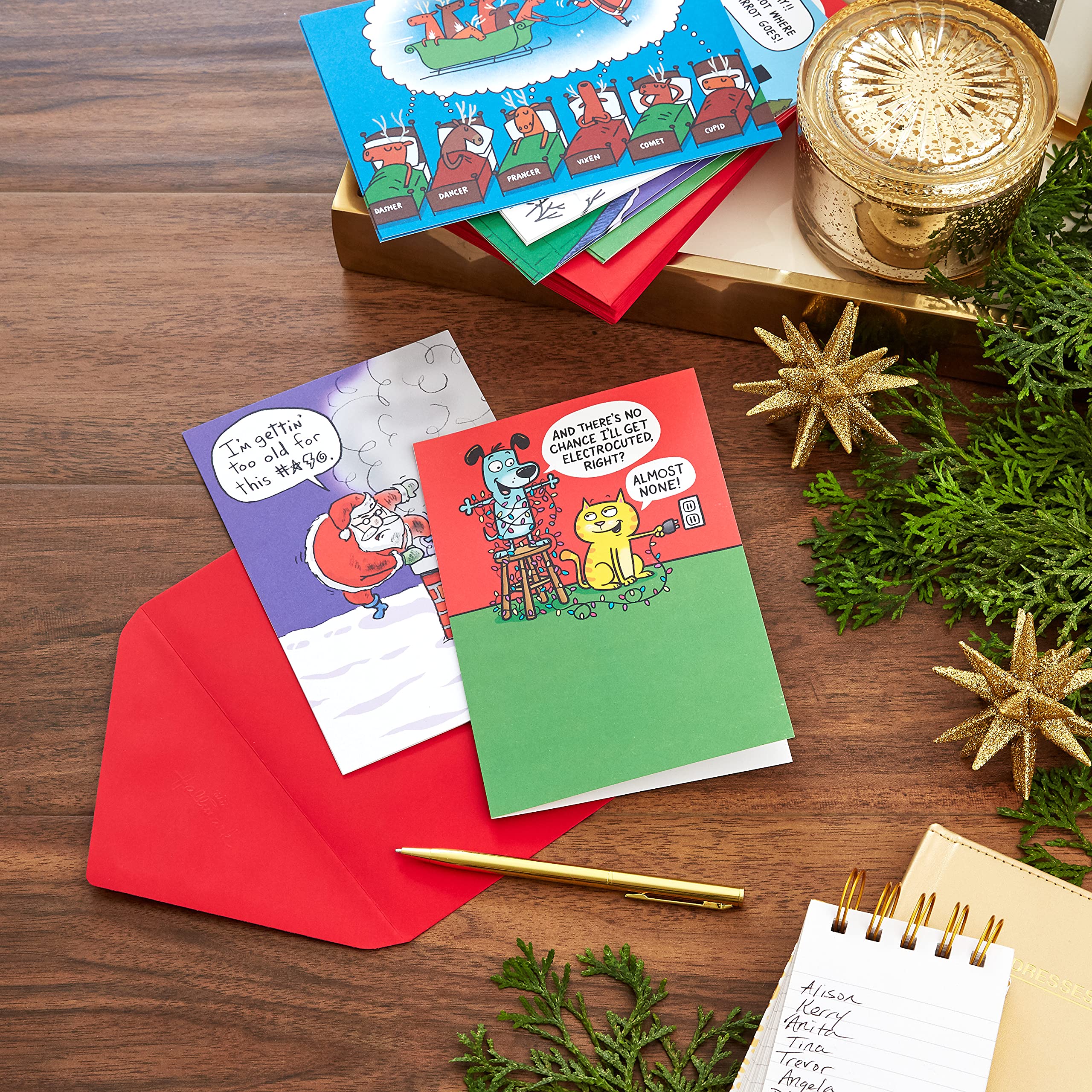 Hallmark Shoebox Funny Christmas Card Set - 24 Festive Cartoon Greeting Cards with Envelopes (4 Assorted Designs) for Holiday Parties, Office Exchanges & Family Gatherings