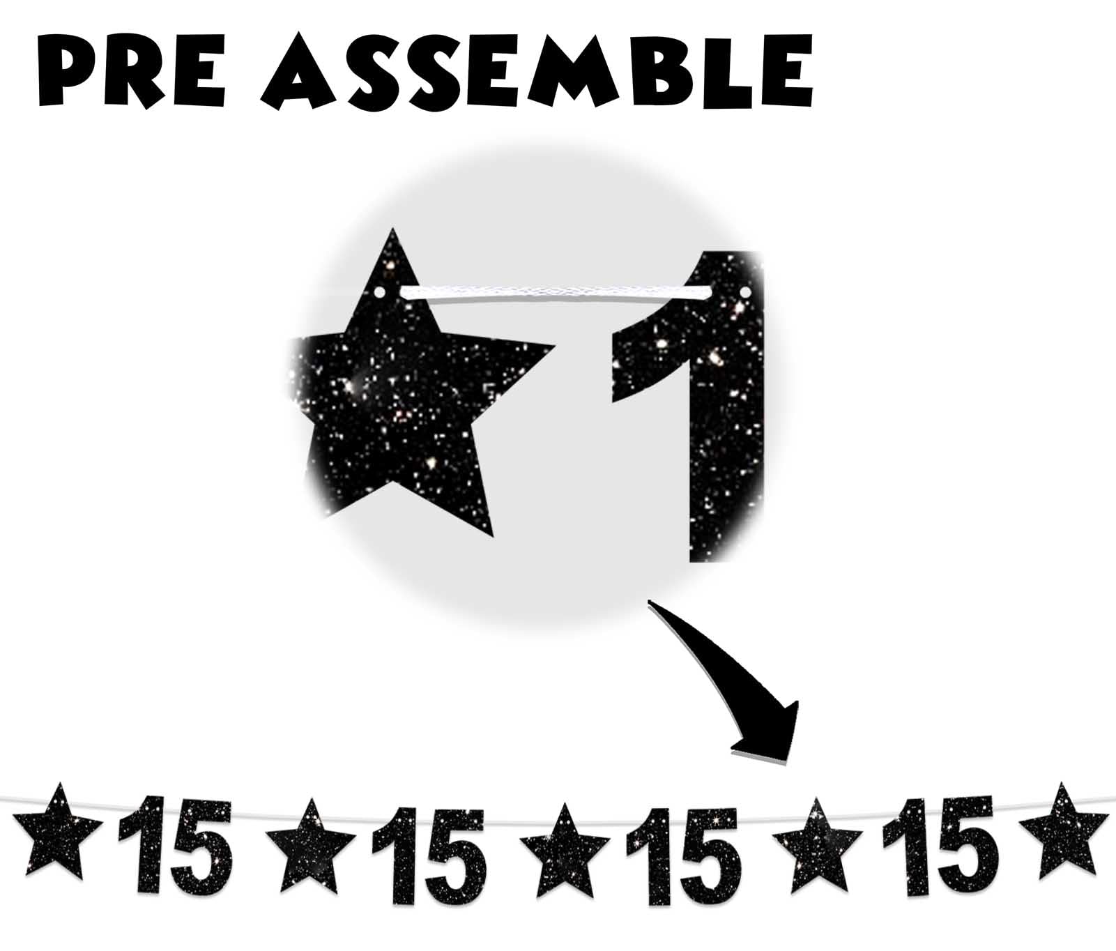 15th Birthday Decorations - Glitter Black Star Banner, Shiny Bright Backdrop for Party, Home, Classroom | Cheers to 15 Years Theme | Perfect for Birthday Celebrations, Festivals & Wall Decor