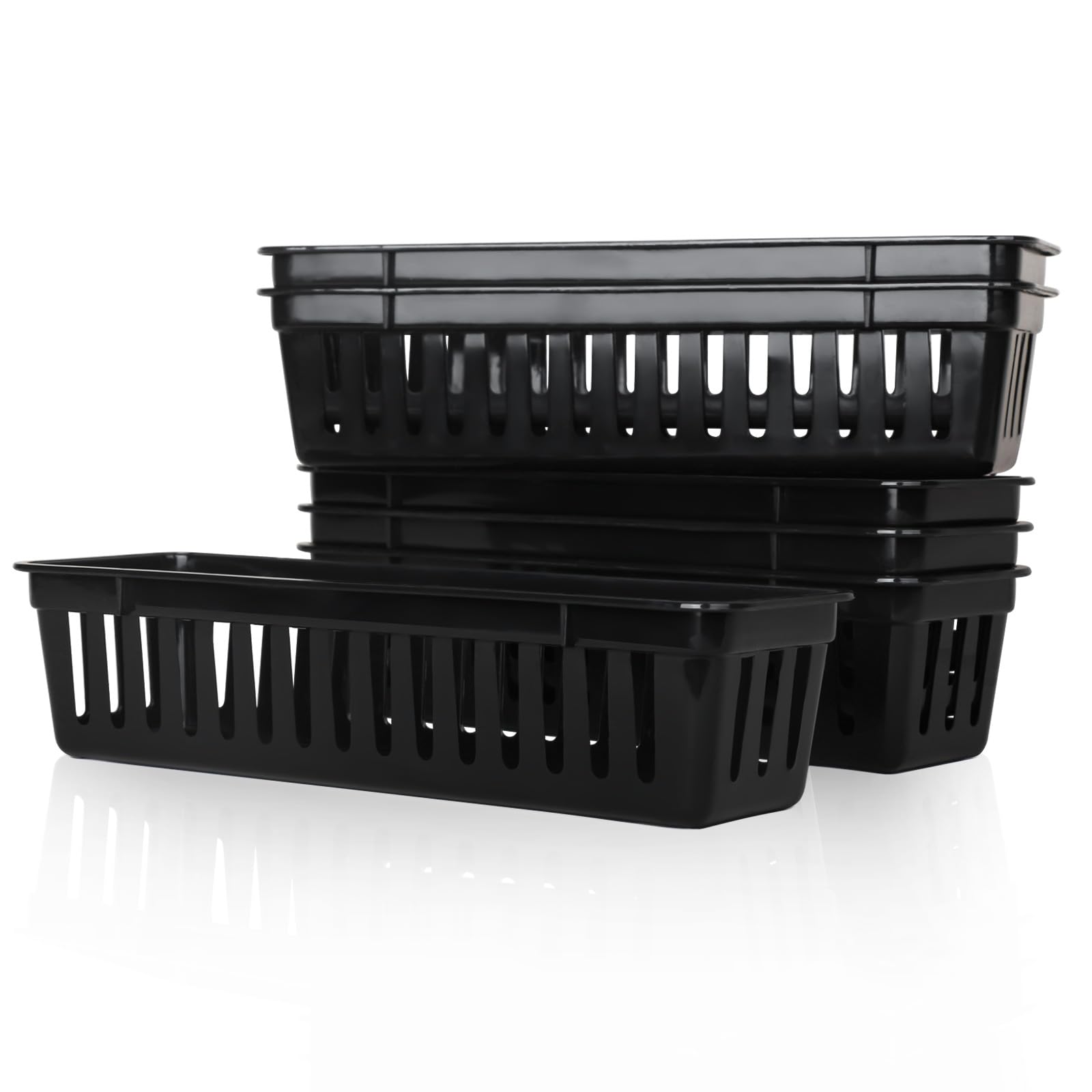 6PCS Stackable Storage Baskets & Drawer Organizers - Slim Plastic Container Trays for Desk, Vanity, Bedroom, Bathroom, Kitchen & Garage - Space-Saving Home Organization Solution (Black) - Perfect for Clutter-Free Drawers, Shelves and Countertops