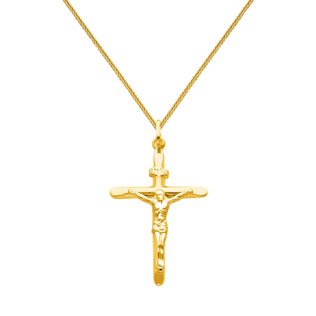 14K Yellow Gold Crucifix Cross Charm Pendant with 0.8mm Braided Square Wheat Chain Necklace - Religious Jewelry for Women & Men, Perfect for Baptism, First Communion, Confirmation & Everyday Wear