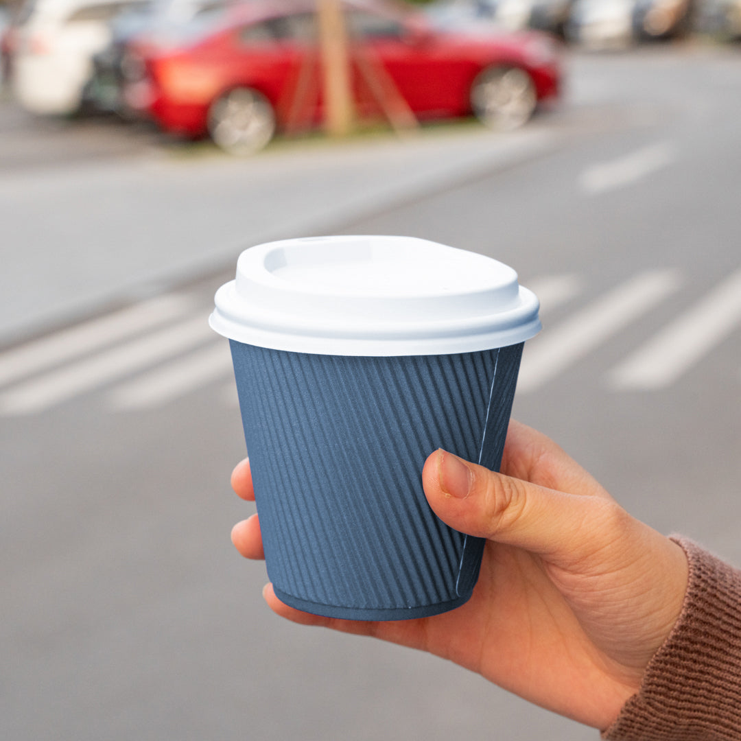 Premium 8 oz Midnight Blue Ripple Wall Coffee Cups with White Lids - 3.5