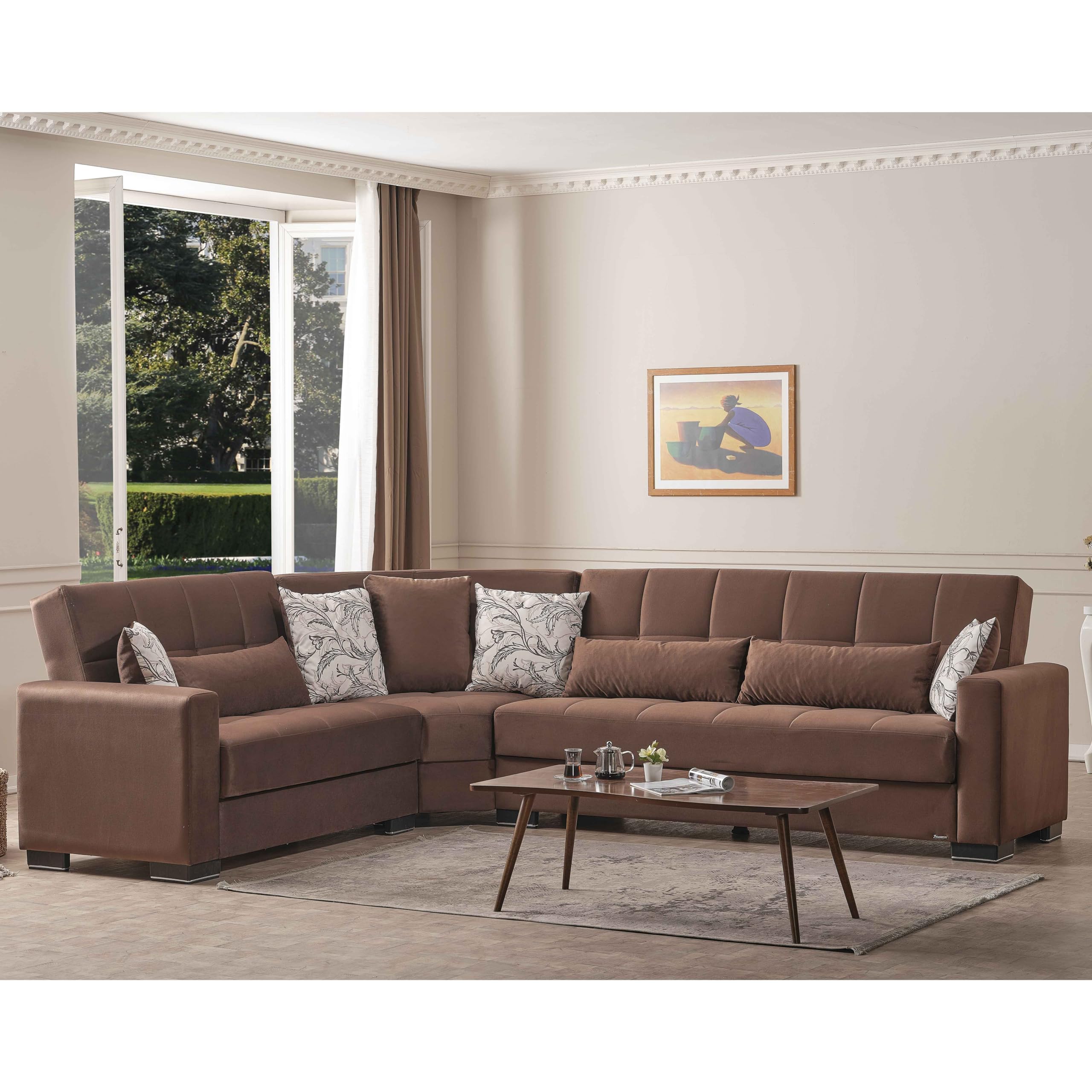 Ottomanson Legacy Collection Upholstered Convertible Sectional Sofa with Storage - Brown - Modern Living Room Furniture for Small Spaces & Apartments