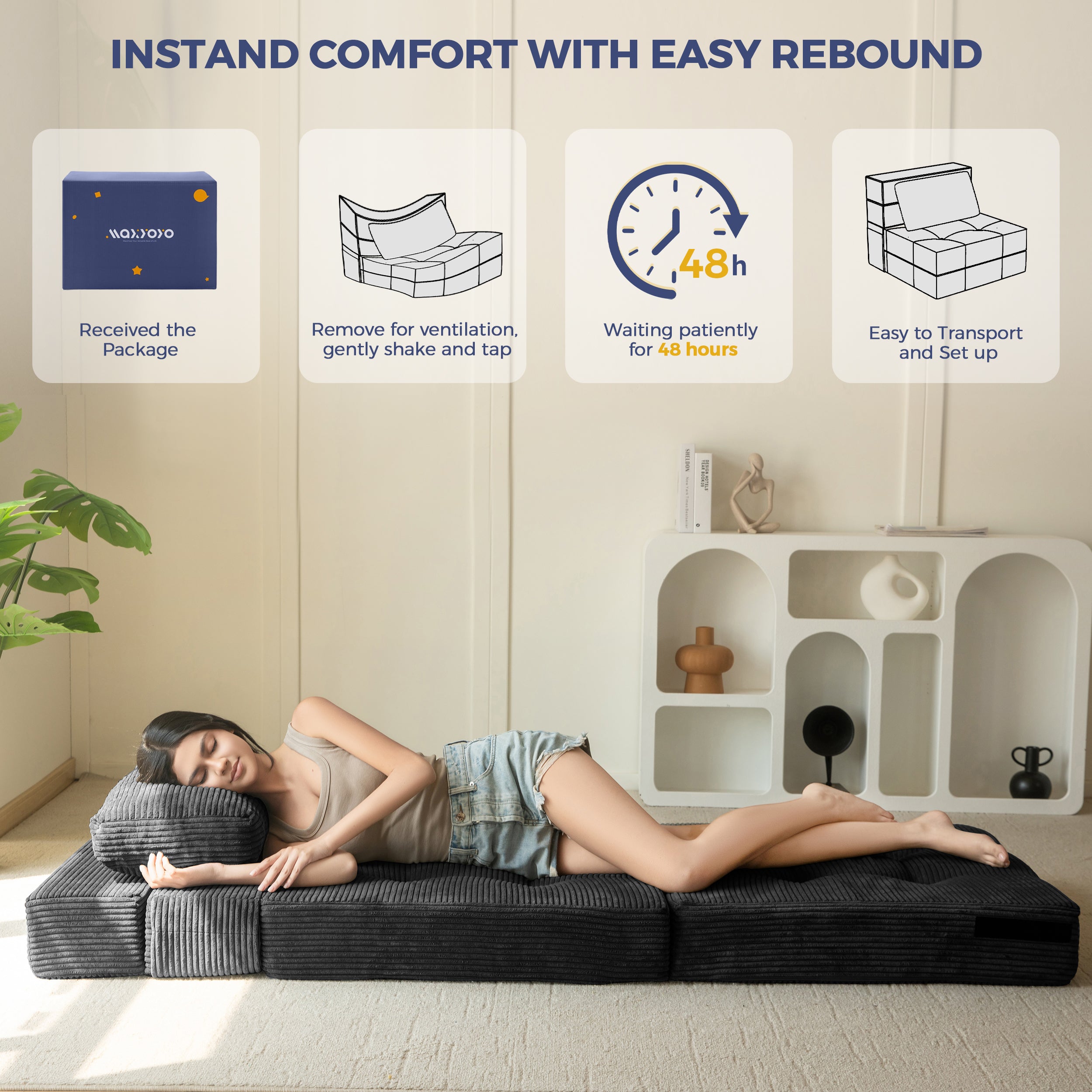 MAXYOYO 3-in-1 Convertible Sofa Bed - Fold Out Single Sleeper Sofa with Pillow, Folding Couch Bed & Foam Floor Couch for Living Room, Bedroom & Guest Room - Perfect for Small Spaces, Overnight Guests & Lounge Relaxation - Black