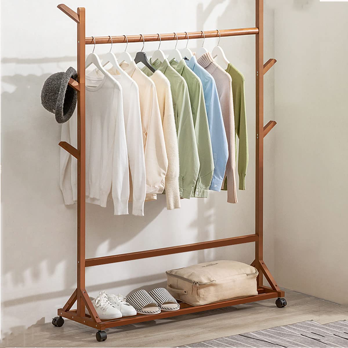 Wooden Rolling Garment Rack with Wheels - Open Wardrobe Coat Stand for Bedroom & Closet Organization - Features Storage Shelves & 6 Side Hooks - Perfect for Hanging Coats, Jackets, Hats, Bags & Umbrellas - Ideal for Small Spaces, Apartments & Dorm Rooms