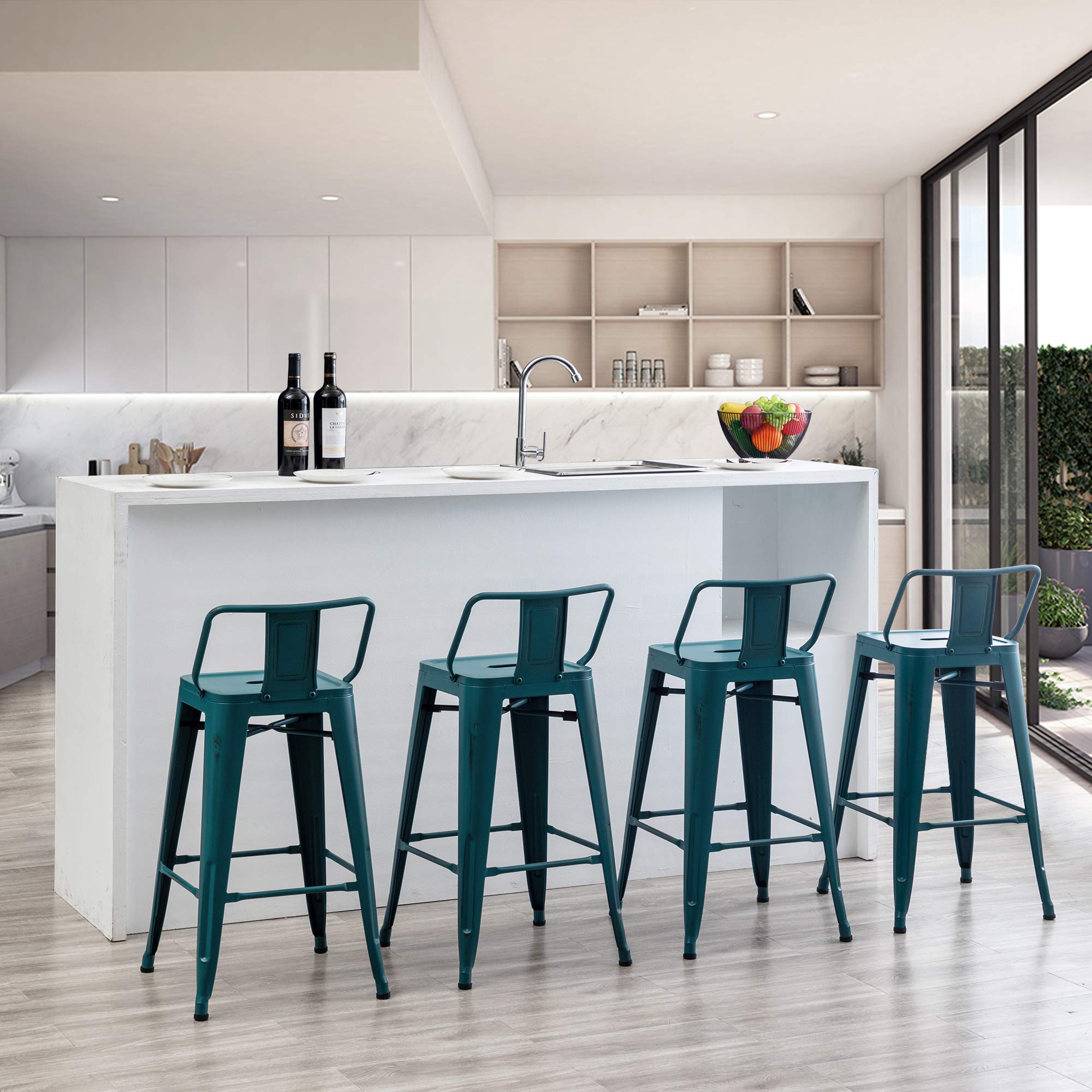**Aklaus Industrial Metal Bar Stools Set of 4 - 30 Inch Bar Height Stools with Back, Distressed Teal Blue - Modern Kitchen & Dining Chairs for Indoor & Outdoor Use - Perfect for Home Bars, Restaurants, and Patios**