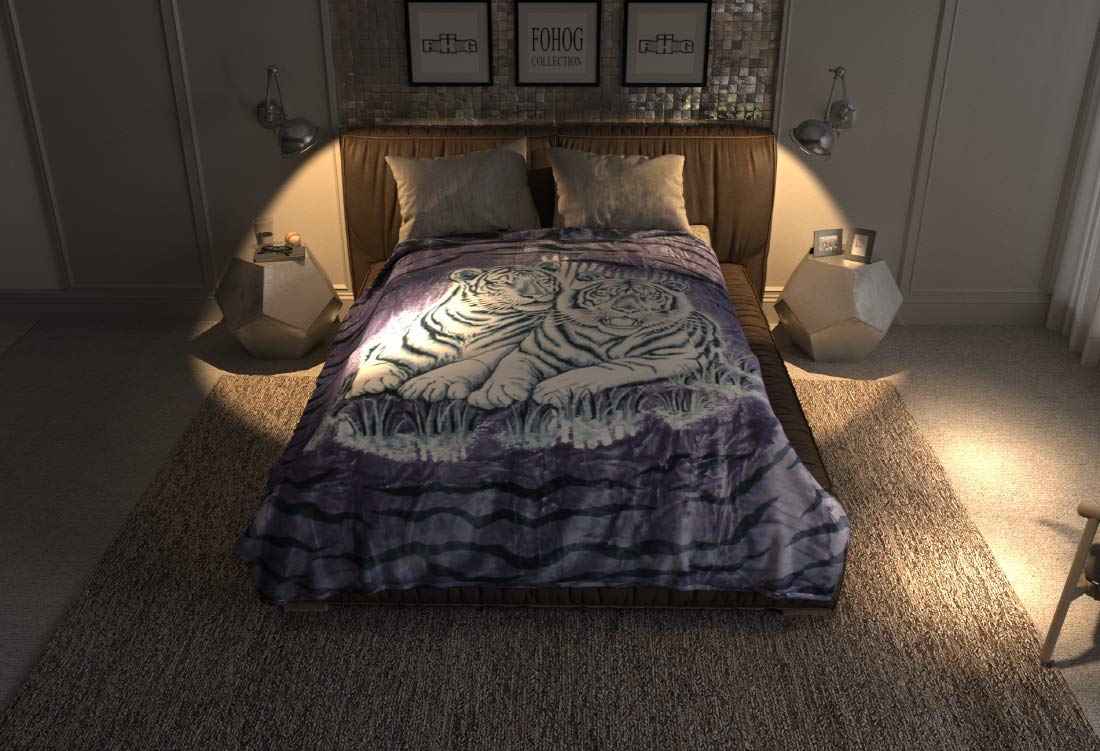 Premium Faux Fur King Size Blanket - Lightweight & Plush Blue Tiger Print Throw - Cozy Korean Mink Blanket for Bed, Sofa & Winter Nights - FOHOG COLLECTION by 4estaciones