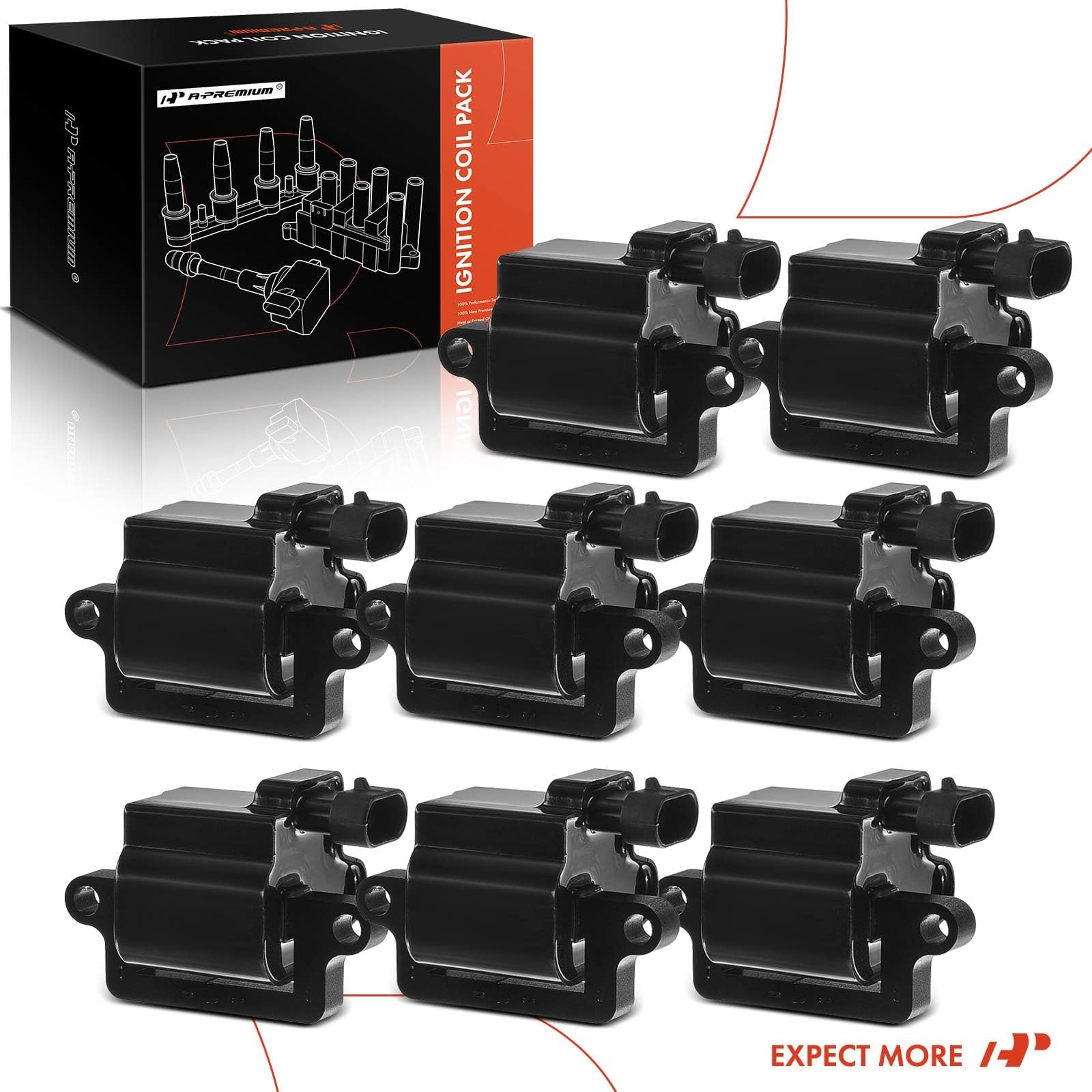 Premium Ignition Coil Pack (Square Type) - Compatible with Chevrolet Silverado 1500/2500/3500, GMC Sierra, Cadillac Escalade, Hummer H2 - Replaces OEM #3859078 - 8-Piece Set - Perfect for Engine Performance & Smooth Acceleration
