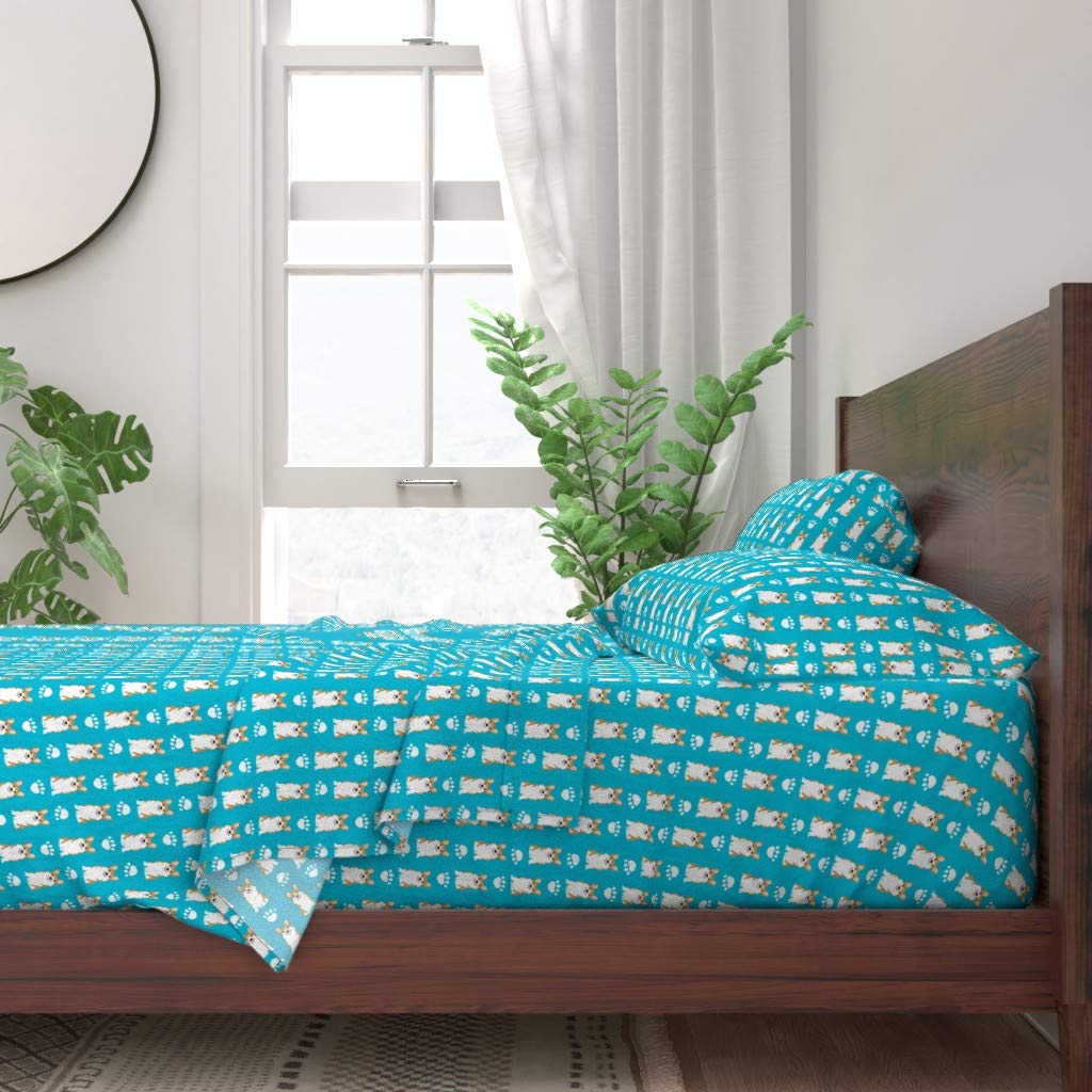 Corgi Print 100% Cotton Twin Sheet Set - 3 Piece Cute Turquoise Paw Print Dog Rescue Bedding for Pet Lovers | Soft & Breathable Sheets for Kids Room, Dorm, or Guest Bed