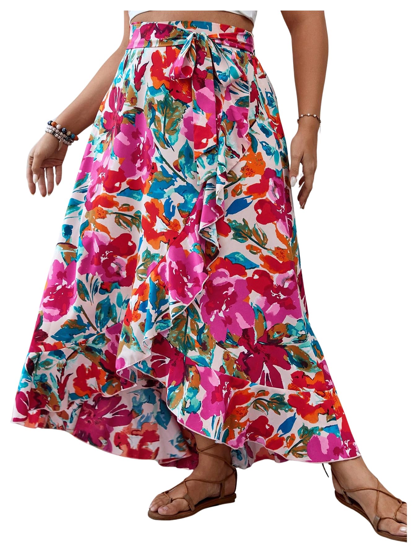 SOLY HUX Women's Plus Size Floral Print Wrap Skirt with Ruffle Trim & Belt - A-Line Long Summer Skirt for Casual Outings, Beach Vacations & Date Nights