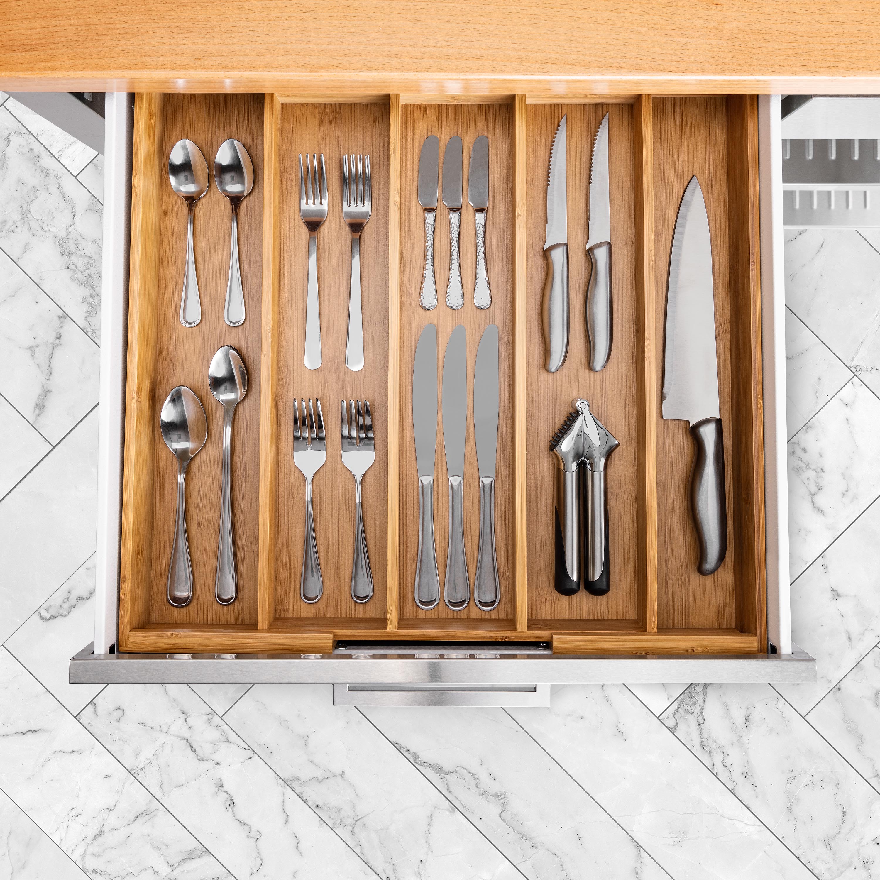 5-Compartment Expandable Bamboo Utensil Organizer - Kitchen Drawer & Countertop Storage for Forks, Spoons, Knives - Perfect for Home, Office, and RV Organization