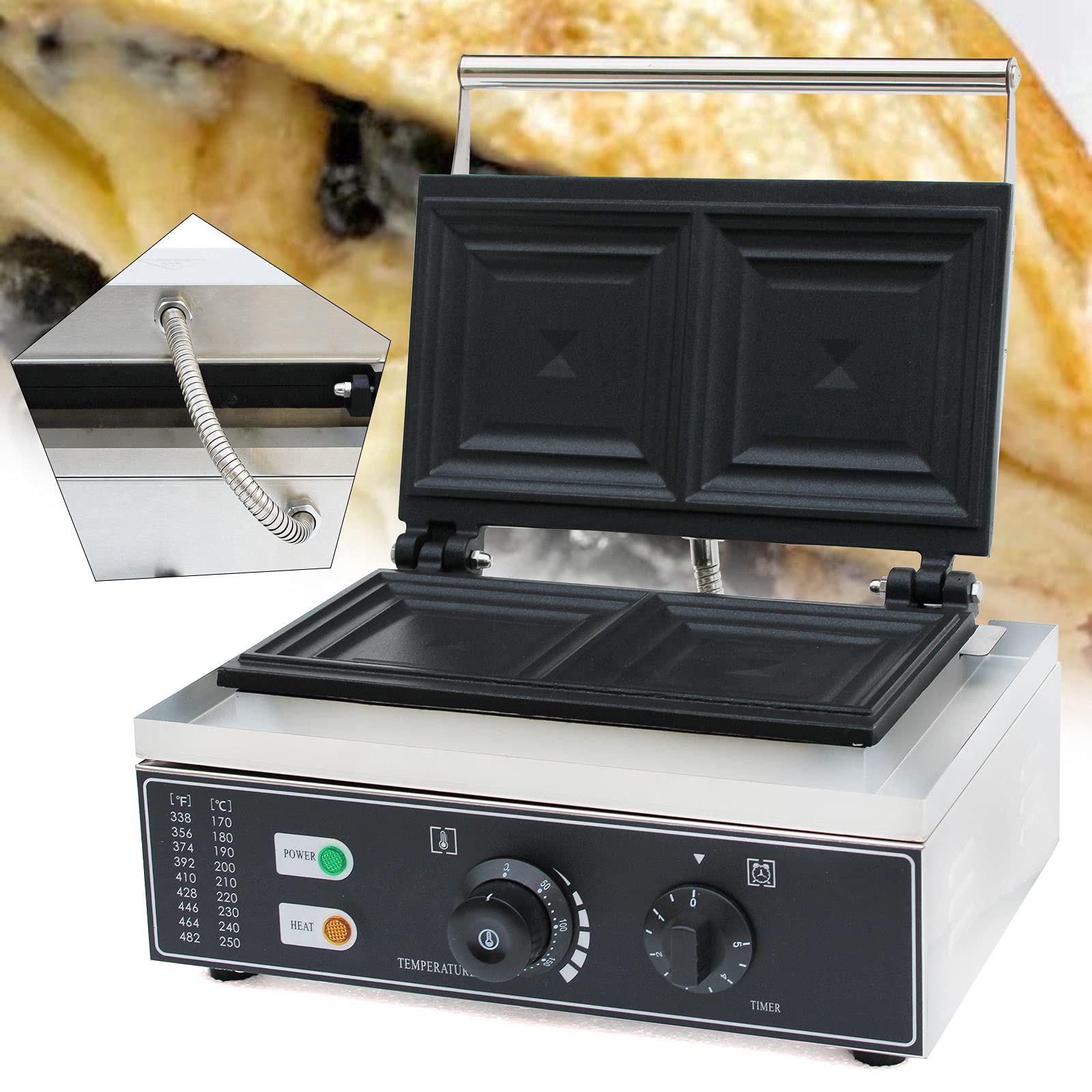 Commercial Sandwich Maker 1500W 110V - Stainless Steel Panini Press with Non-Stick Coating, Adjustable Temperature 50-300°C - Perfect for Restaurants, Cafes, Food Trucks & Home Breakfast