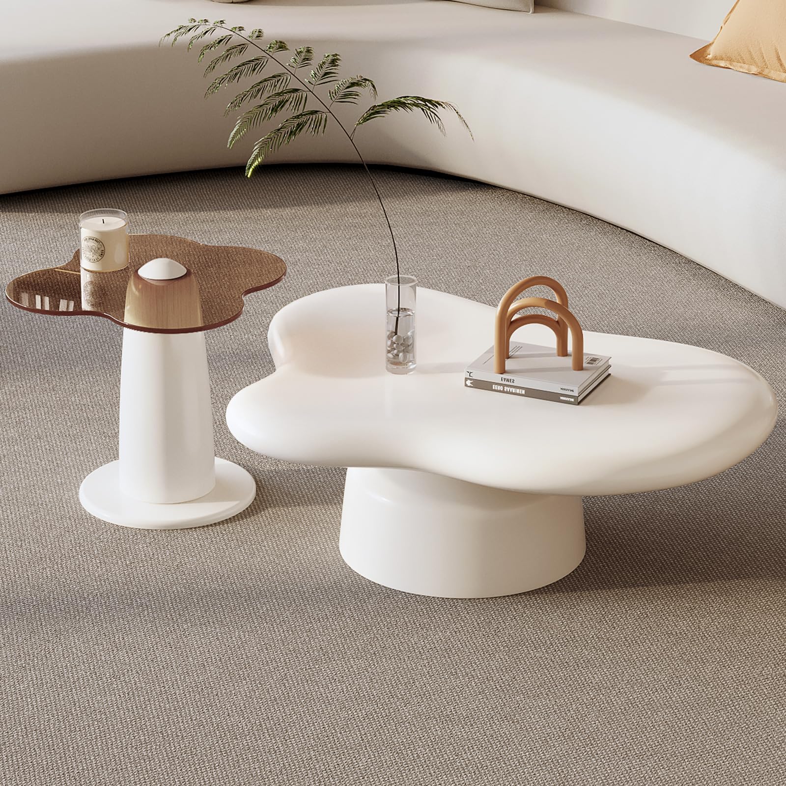 Modern Cloud Coffee Table Set of 2 - Small Irregular Side & End Tables in White Cream | 2-in-1 Contemporary Design for Living Room, Bedroom & Office | Perfect for Small Spaces, Coffee Break & Home Decor