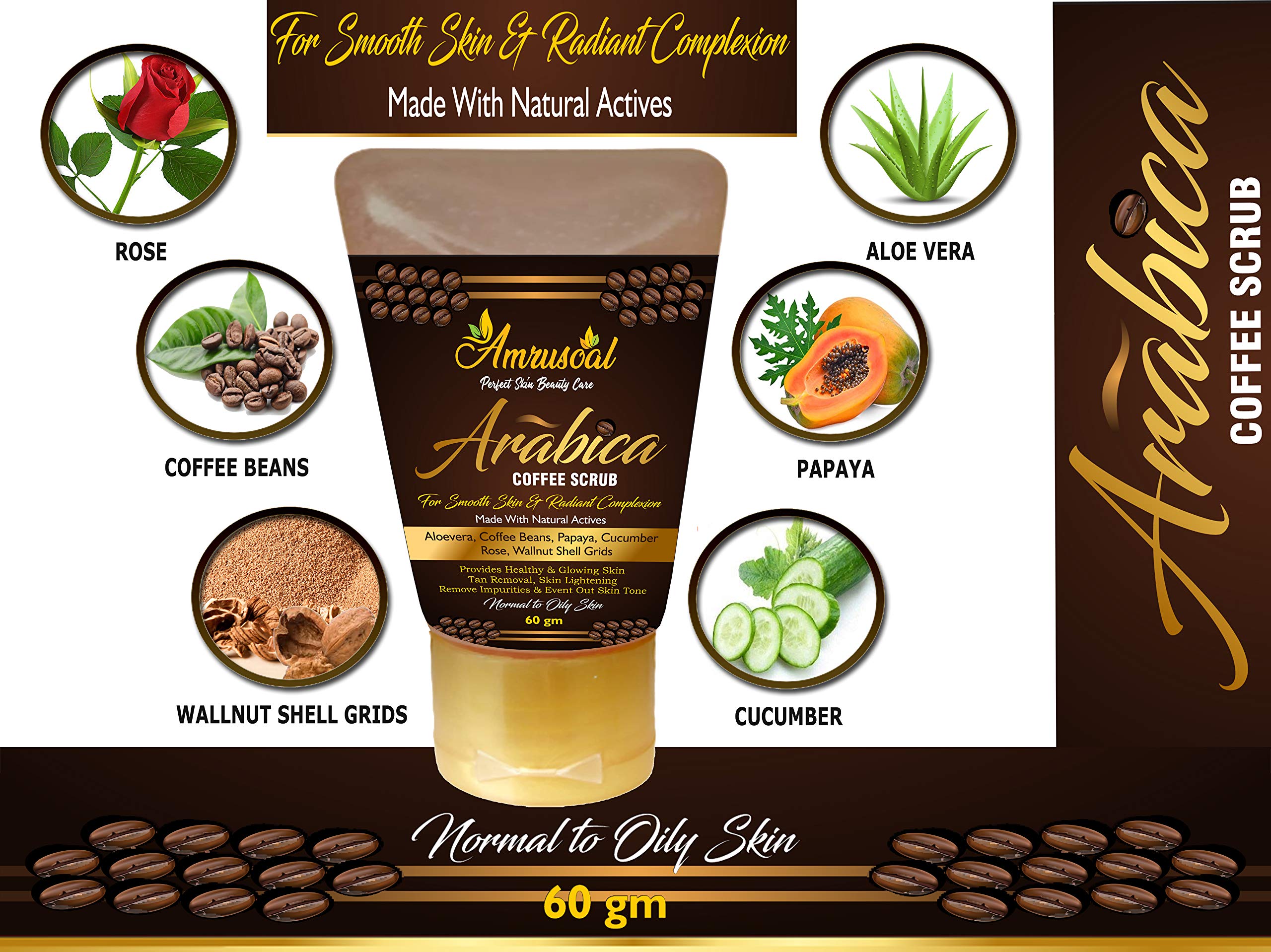 AMRUSOAL Arabica Coffee Face Scrub - Exfoliating & Deep Cleansing for Glowing Skin | Anti-Cellulite Body Scrub for Men & Women | Brightening Moisturizer with Fruit Extracts & Caffeine | Tan Removal Treatment - 60g | Perfect for Spa Day & At-Home Skincare Routine