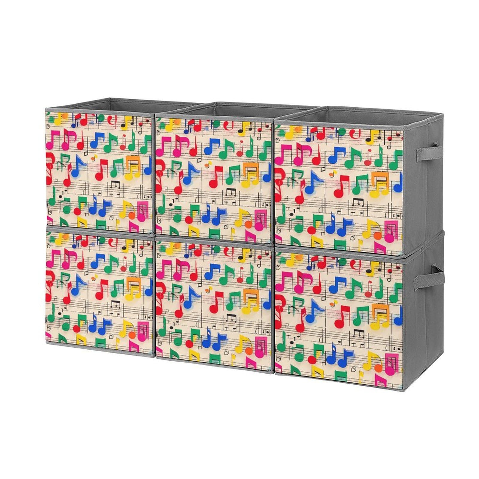 6-Piece Collapsible Storage Bins with Handles - Colorful Musical Note Pattern Foldable Organizing Baskets for Home, Office, Closet & Shelves | Space-Saving Storage Solution for Toys, Books, Clothes & Household Items