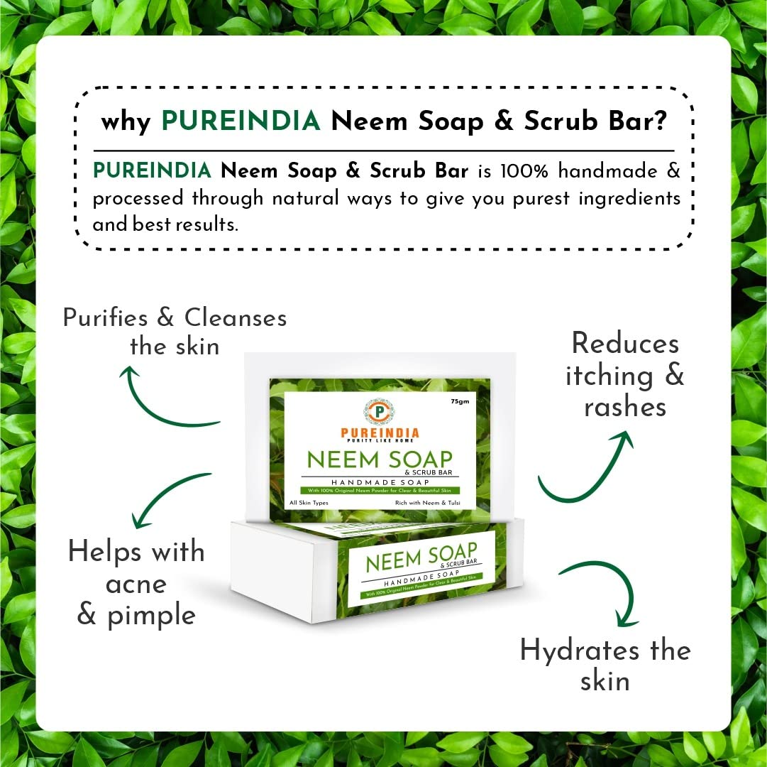 PUREINDIA Handmade Neem Scrub Bar for Acne & Skin Care - Pack of 3 | Natural Neem Petals & Oil | No Synthetic Fragrance | Facial & Body Cleansing Bar for Acne, Pimples, Rashes | Perfect for Daily Skincare Routine & Sensitive Skin Treatment