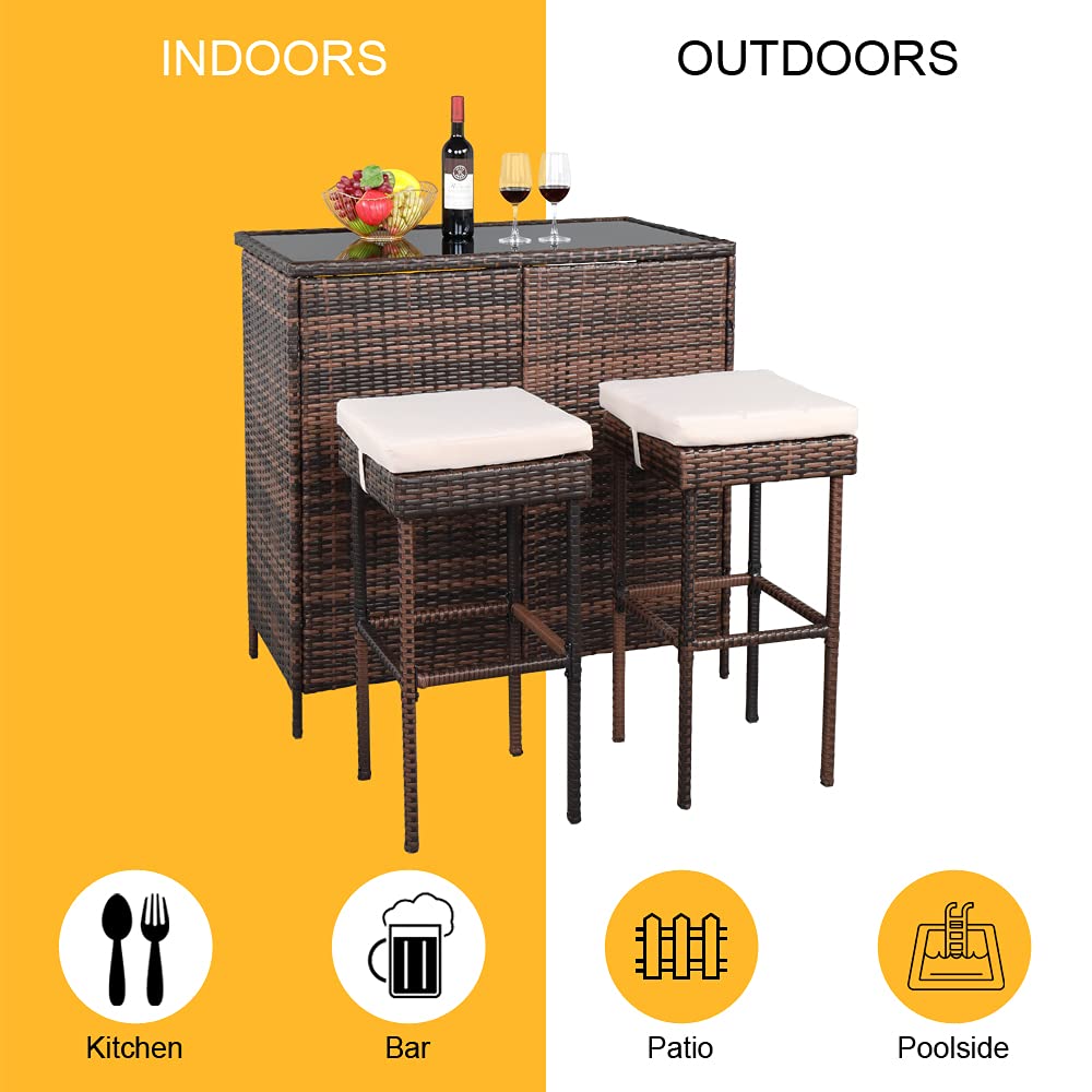 HomVent 3-Piece Outdoor Wicker Bar Table Set - PE Rattan Bar Height Table with 4 Stools, Steel Frame & Glass Top - Perfect for Patio, Poolside, Lawn, Backyard & Garden Entertaining