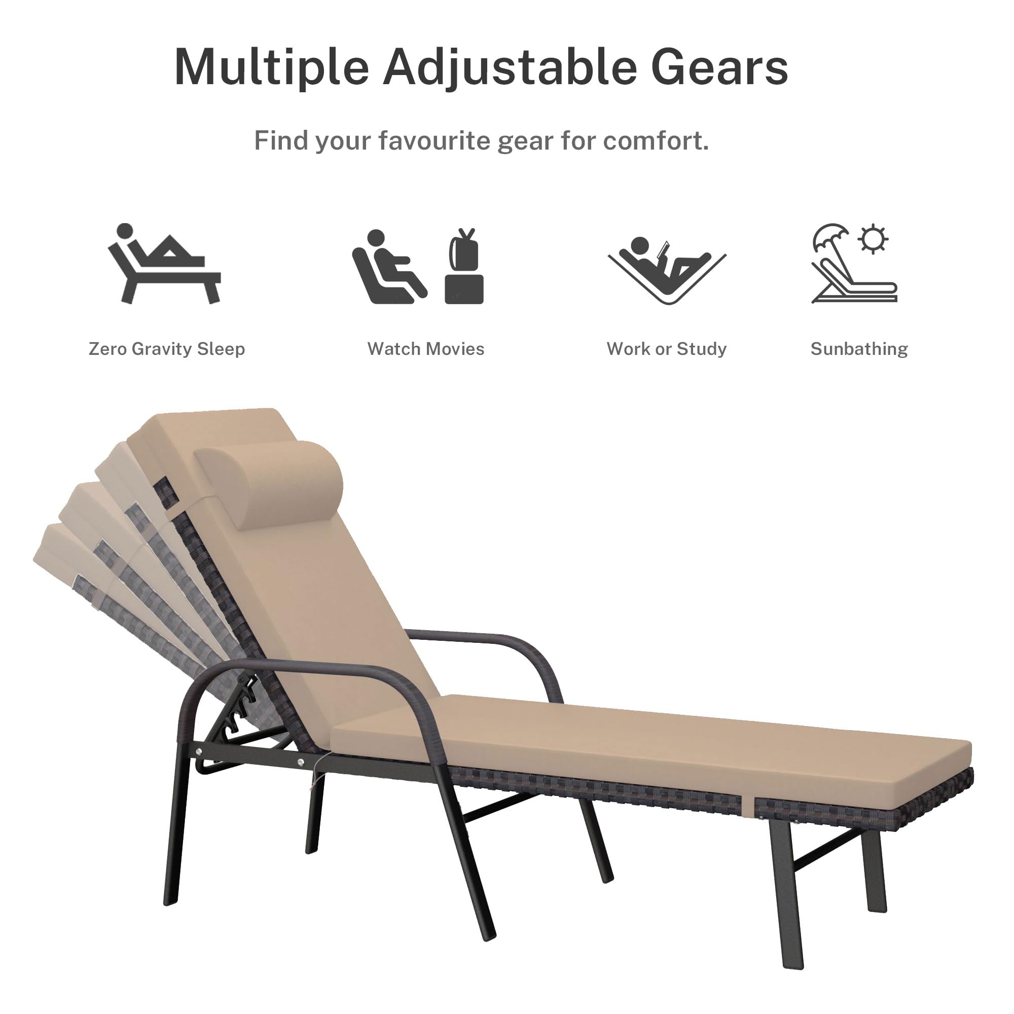 3-Piece Patio Chaise Lounge Set with Cushions - Adjustable Rattan Backrest, Folding Table & Sand Color - Perfect for Poolside, Porch, Backyard & Outdoor Relaxation