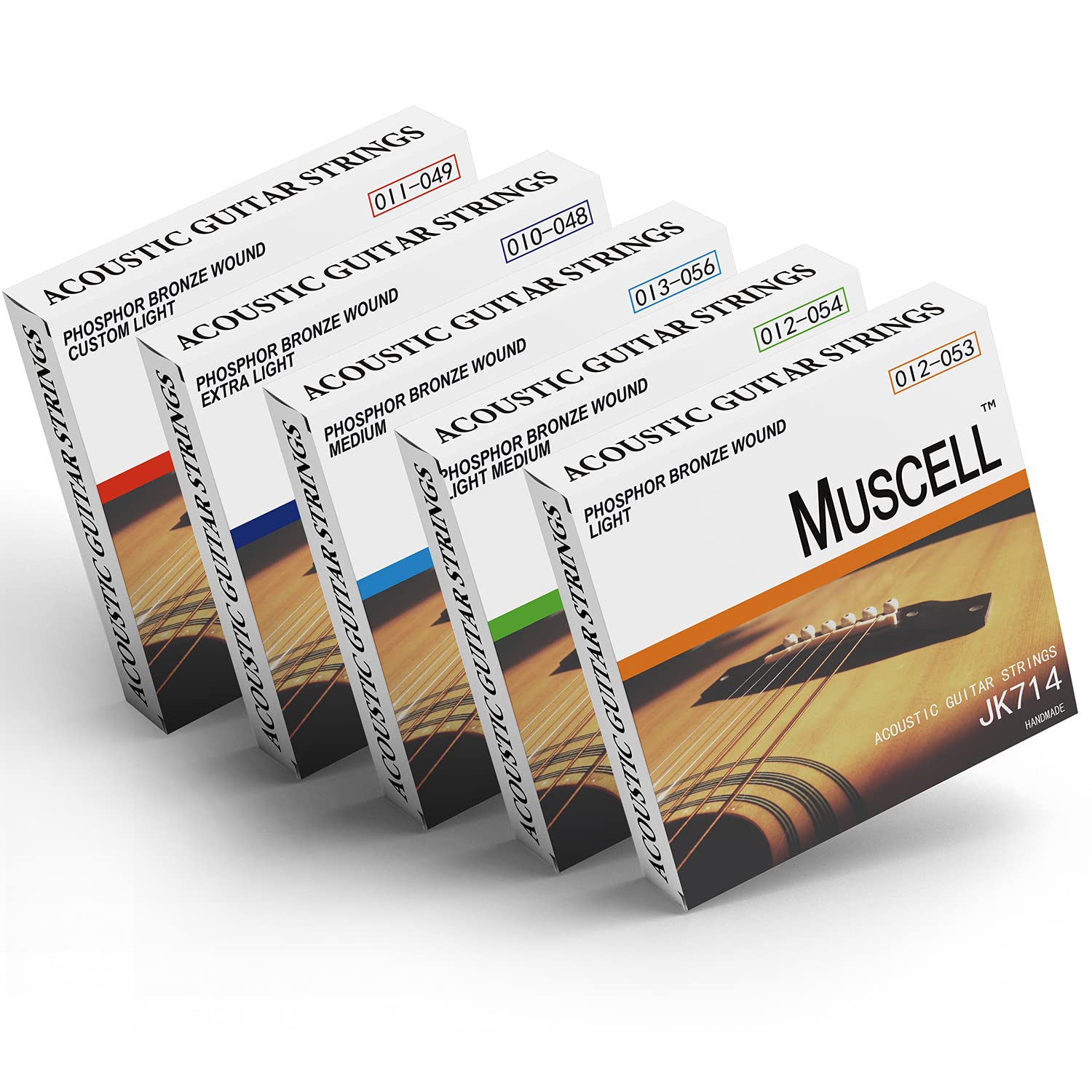 Premium MUSCELL Handmade Phosphor Bronze Acoustic Guitar Strings - 3 Pack (6 Strings) - Light Medium Gauge JK715 - Perfect for Folk, Country & Fingerstyle Playing
