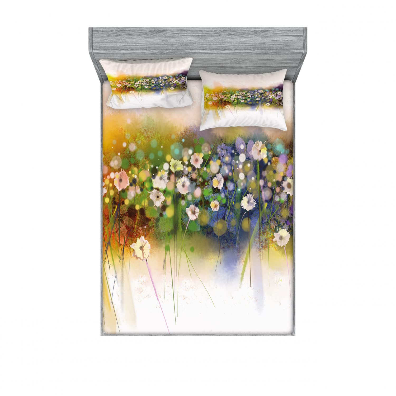 Ambesonne Floral 2-Pack Queen Size Fitted Sheet & Pillow Sham Set - Romantic Flower Bouquet Design, 4-Piece Bedding Decor (2 Fitted Sheets + 4 Pillow Covers) - Vibrant Multicolor for Master Bedroom, Guest Room & Home Decor