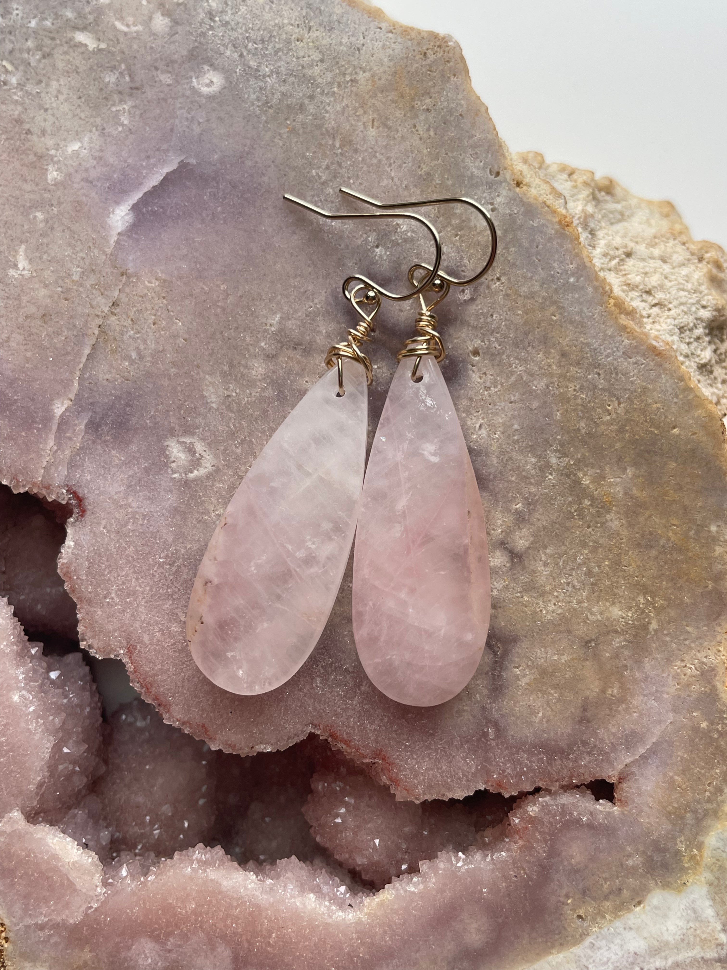 Rose Quartz Dangle Earrings - 14K Gold Filled Hoop Earrings for Women | Elegant Boho Jewelry for Everyday Wear & Special Occasions
