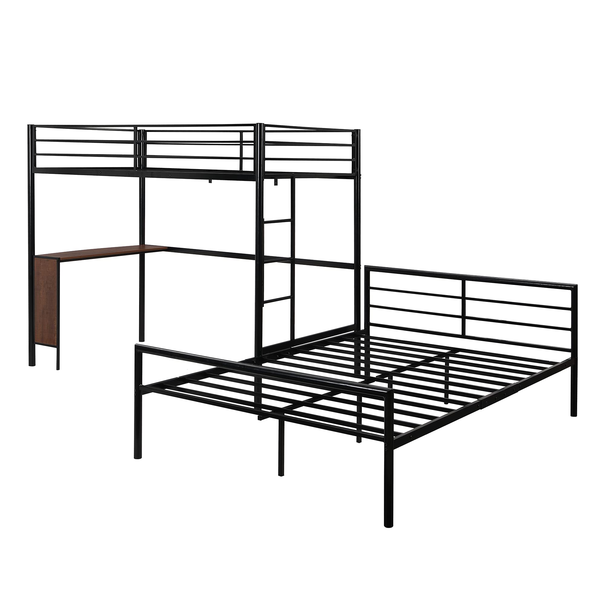 Metal Bunk Bed with Built-in Desk | Twin Over Full Bunk Bed Frame | Guardrail & Flat Step Ladder | Convertible to Separate Loft & Platform Bed (Black) - Space-Saving Solution for Kids' Bedrooms, Dorms & Small Apartments