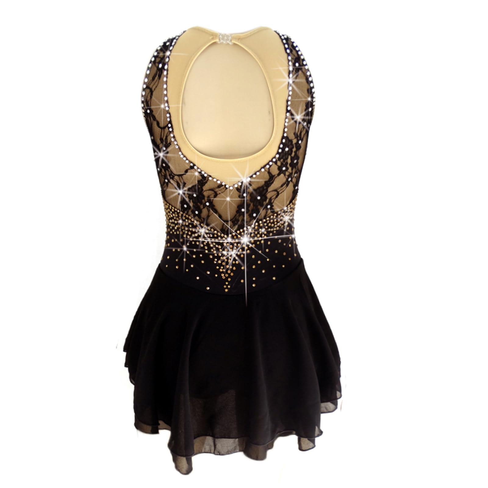 LIUHUO Women's Figure Skating Dress - Black Lace Stretchy Fabric Ice Skating Costume for Girls & Women - Perfect for Solo Competitions, Dance Performances & Ice Shows